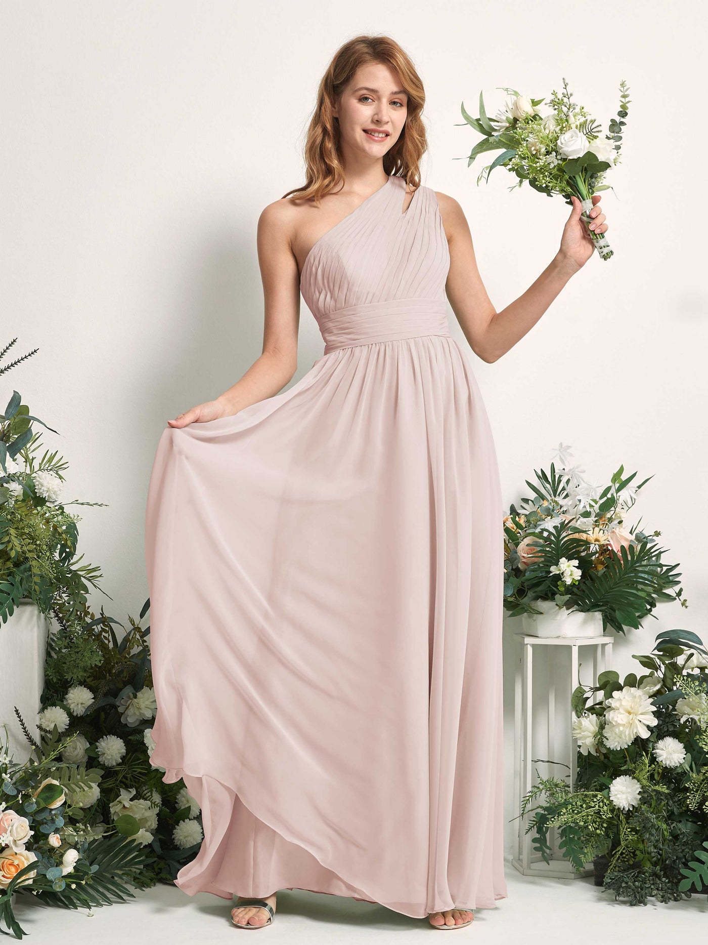 Carlyna Vestido Línea A Hasta el suelo Un Hombre Gasa Dama de honor Biscotti #color_biscotti