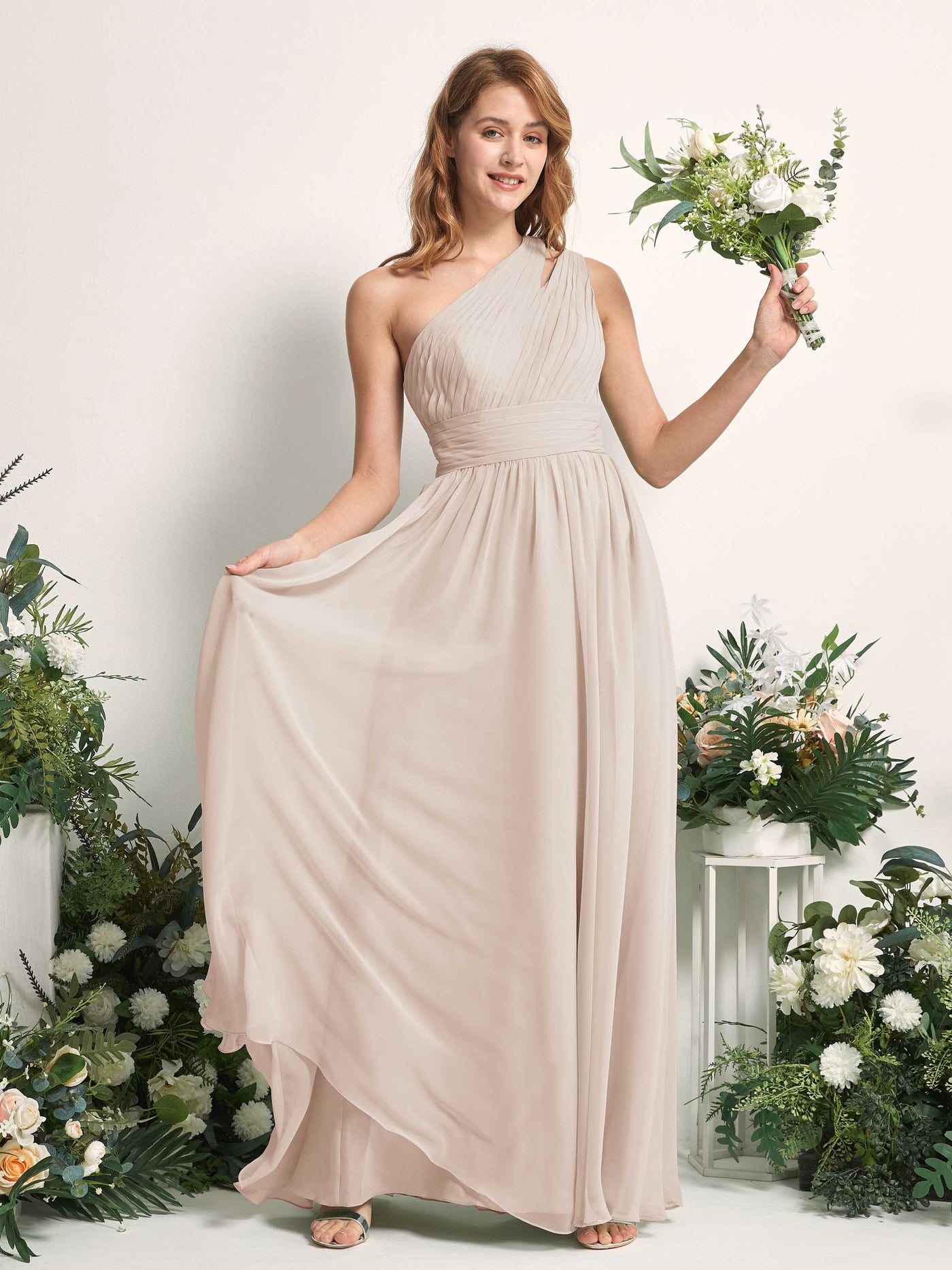 Carlyna Vestido Línea A Hasta el suelo Un Hombre Gasa Dama de honor Champán #color_champ-n