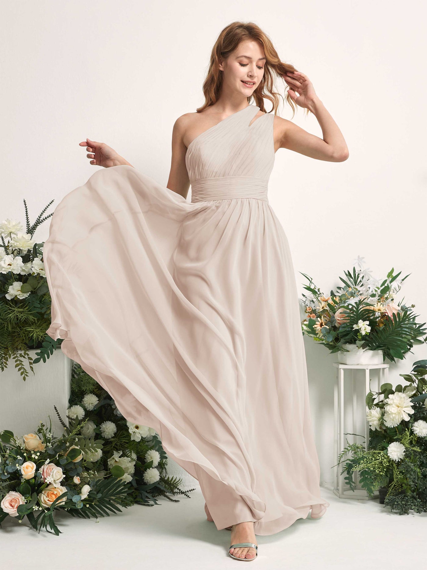Carlyna Vestido Línea A Hasta el suelo Un Hombre Gasa Dama de honor Champán #color_champ-n