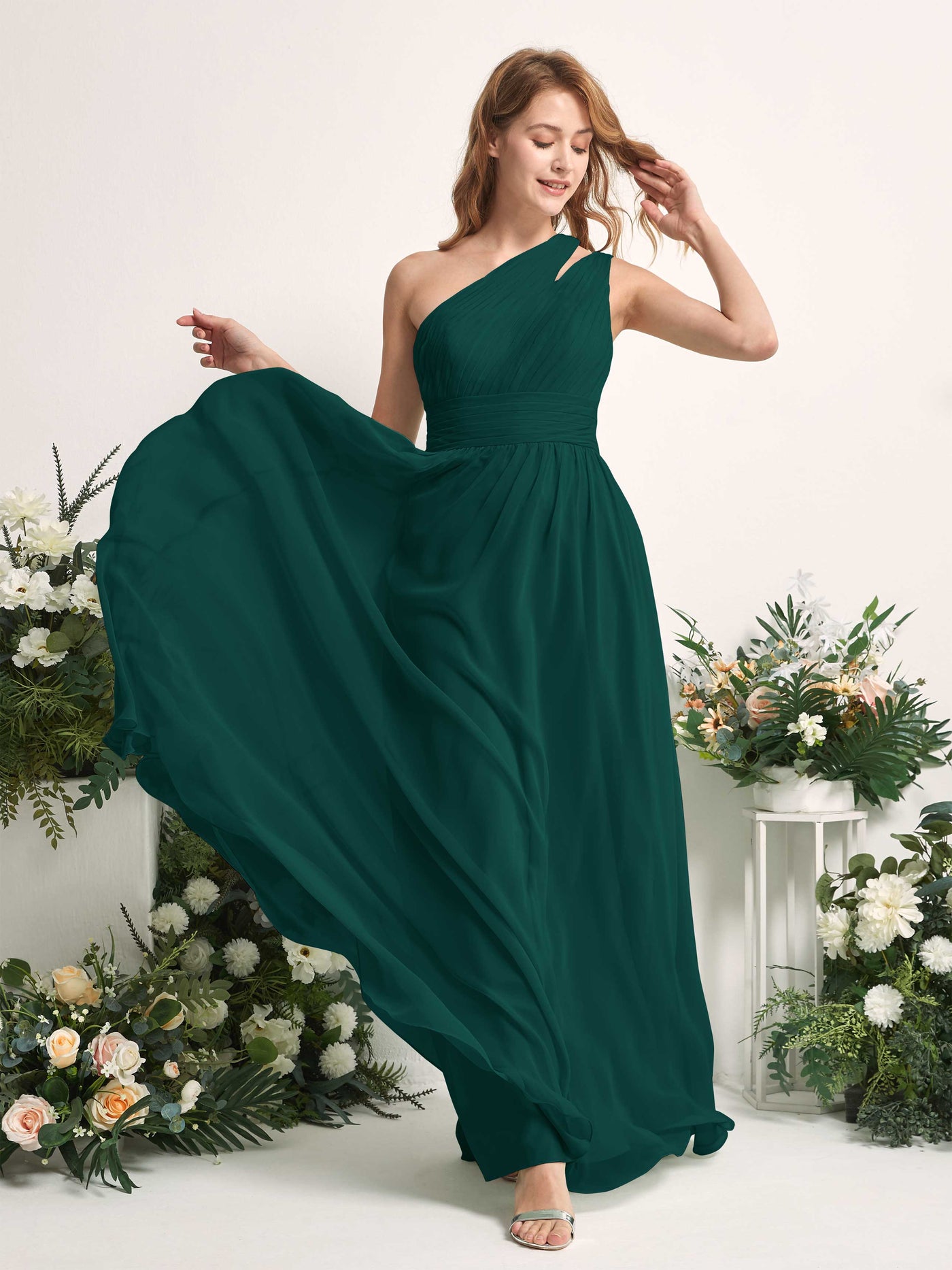Carlyna Vestido Línea A Hasta el suelo Un Hombre Gasa Dama de honor Esmeralda Oscuro #color_esmeralda-oscuro