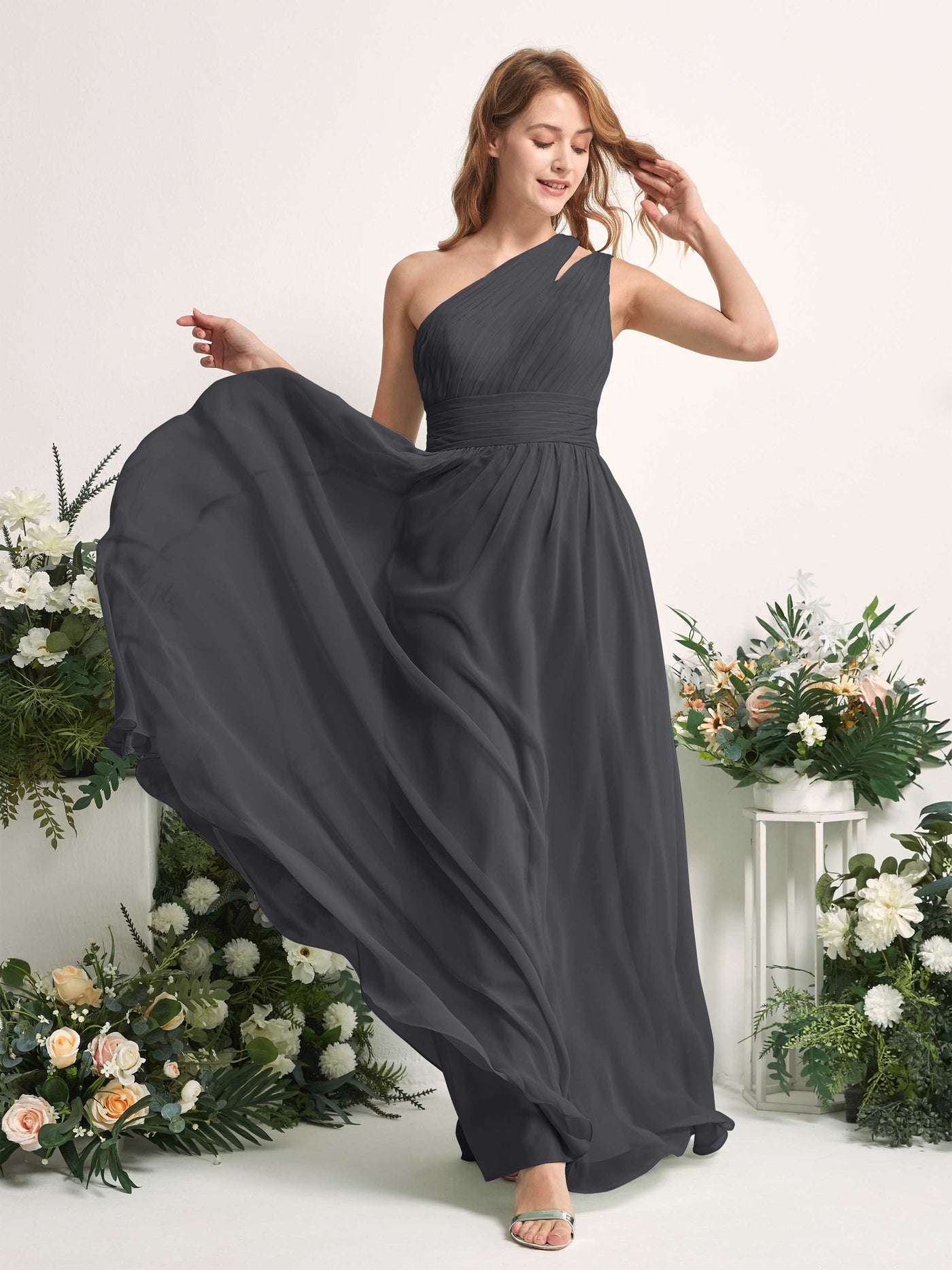 Carlyna Vestido Línea A Hasta el suelo Un Hombre Gasa Dama de honor Peltre #color_peltre