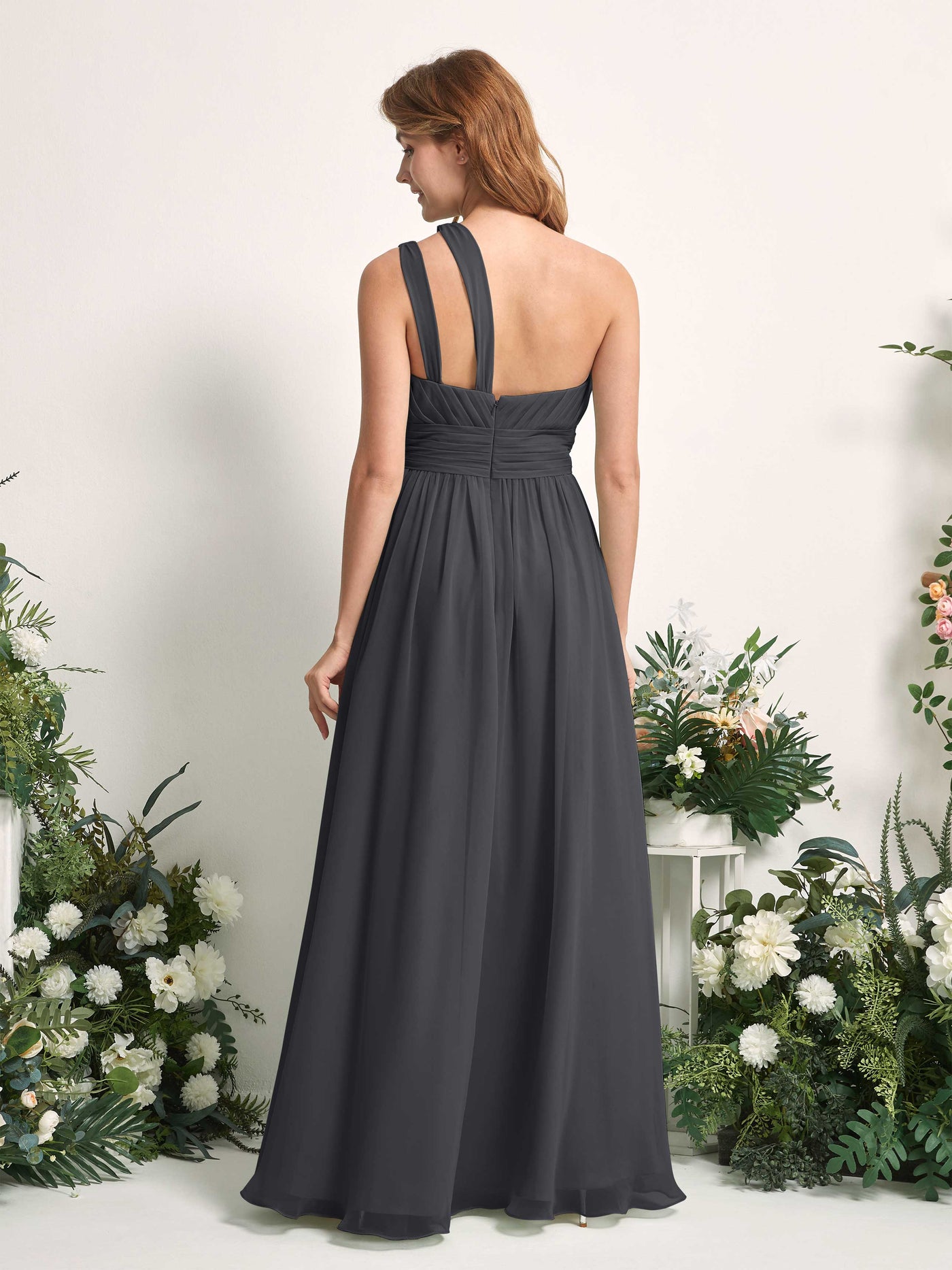 Carlyna Vestido Línea A Hasta el suelo Un Hombre Gasa Dama de honor Peltre #color_peltre