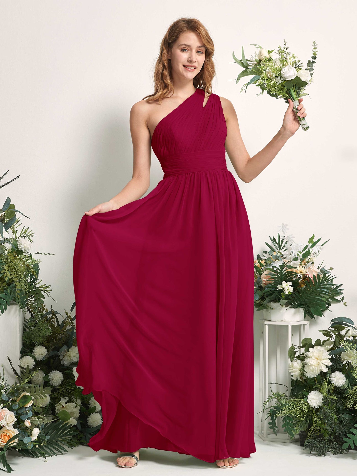 Carlyna Vestido Línea A Hasta el suelo Un Hombre Gasa Dama de honor Rojo Bufón #color_rojo-buf-n