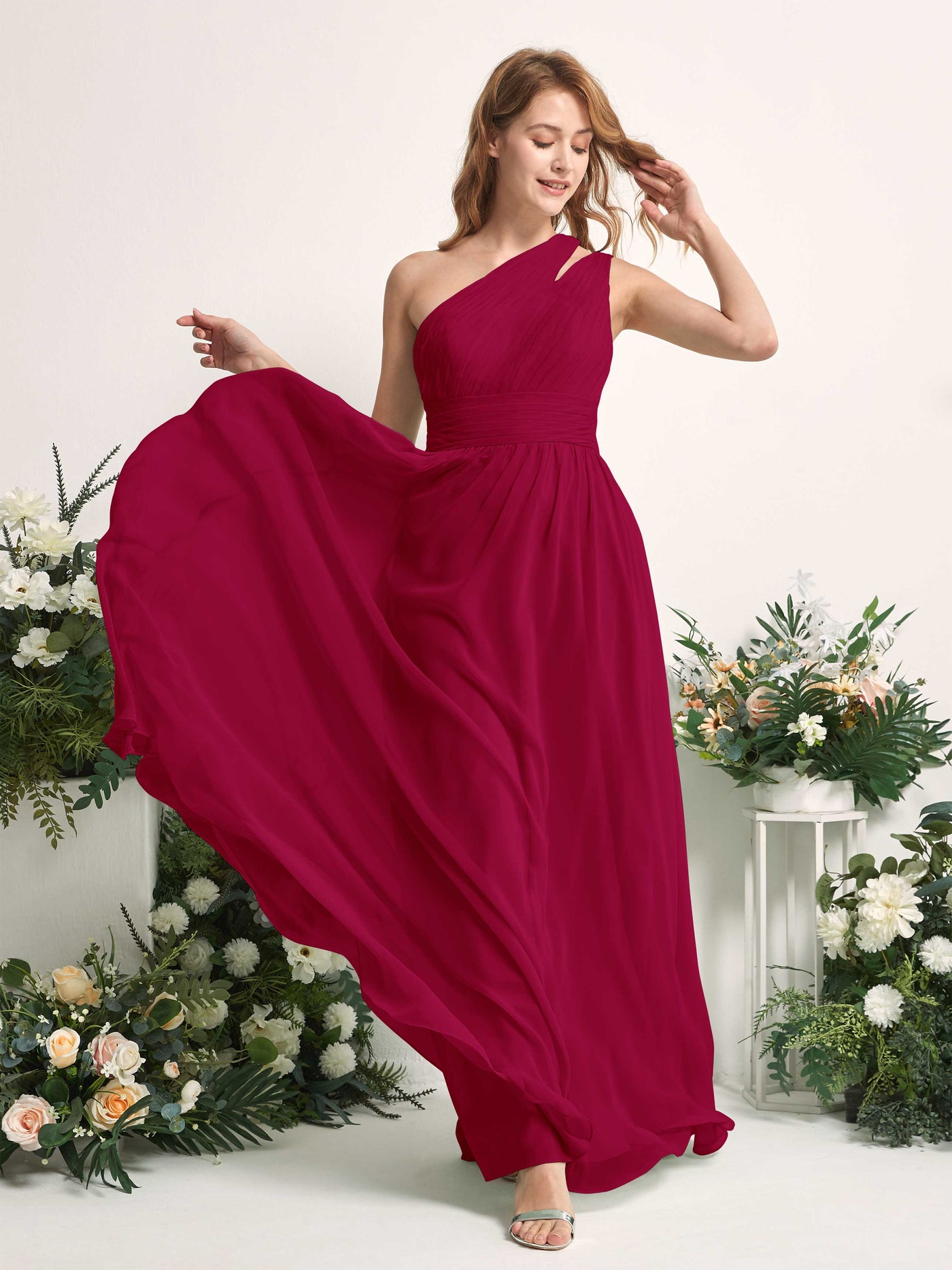 Carlyna Vestido Línea A Hasta el suelo Un Hombre Gasa Dama de honor Rojo Bufón #color_rojo-buf-n