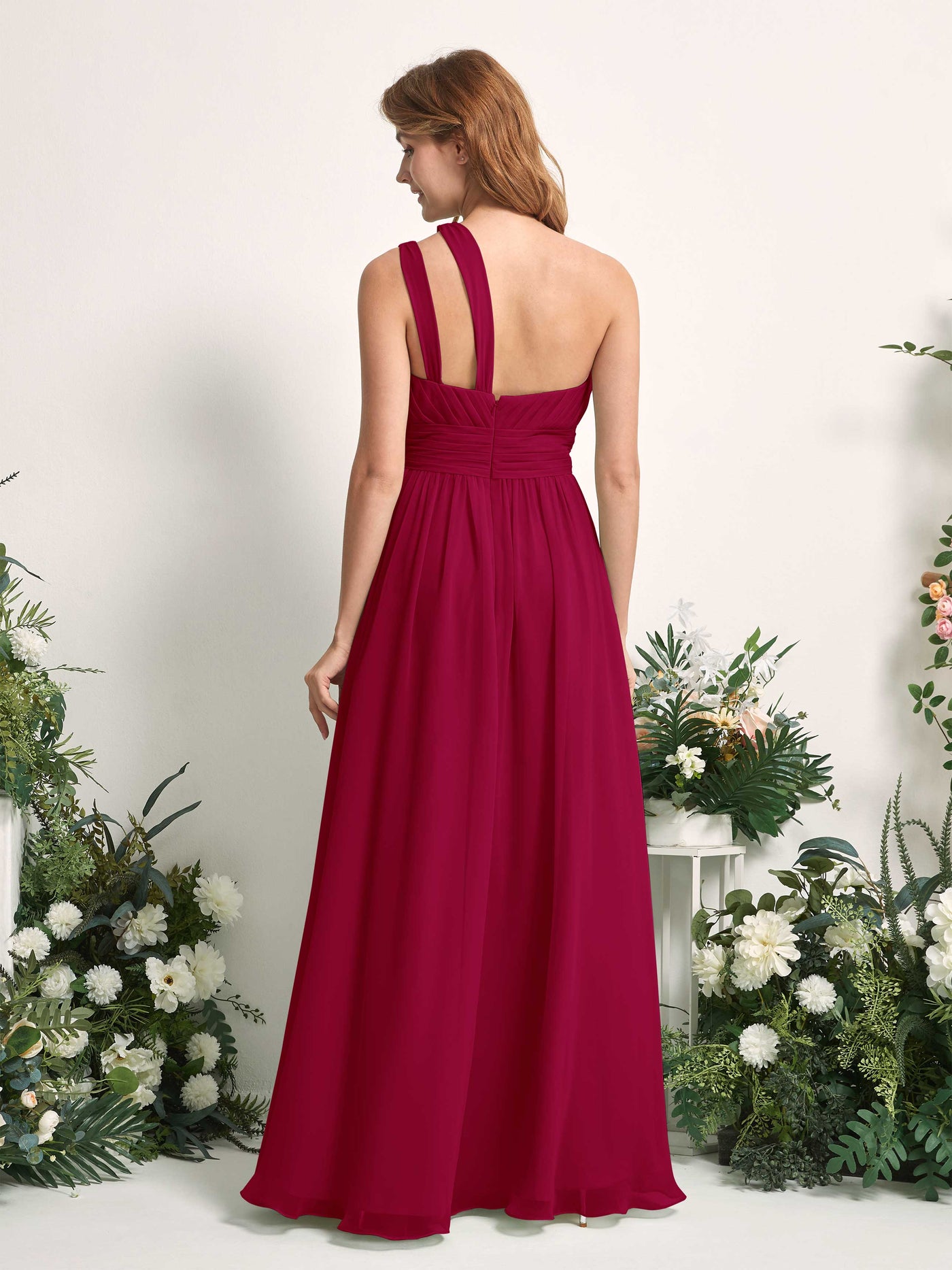 Carlyna Vestido Línea A Hasta el suelo Un Hombre Gasa Dama de honor Rojo Bufón #color_rojo-buf-n