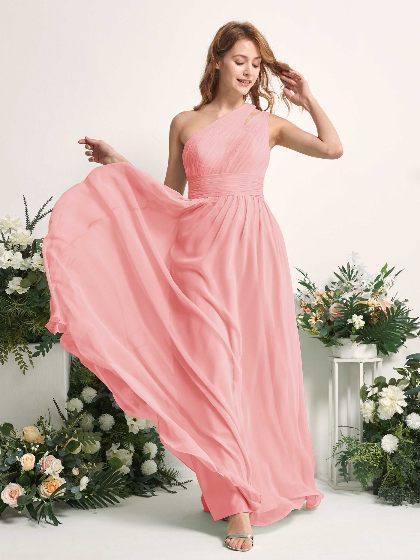 Carlyna Vestido Línea A Hasta el suelo Un Hombre Gasa Dama de honor Rosa Ballet #color_rosa-ballet