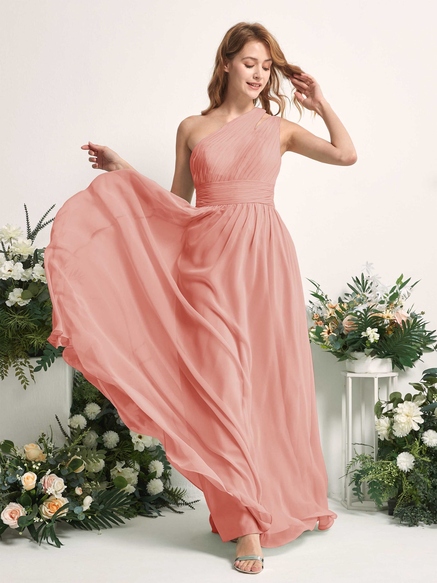 Carlyna Vestido Línea A Hasta el suelo Un Hombre Gasa Dama de honor Rosa Champán #color_rosa-champ-n