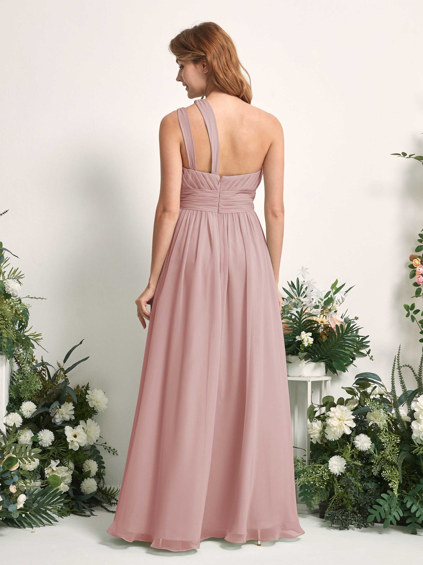 Carlyna Vestido Línea A Hasta el suelo Un Hombre Gasa Dama de honor Rosa Polvorienta #color_rosa-polvorienta