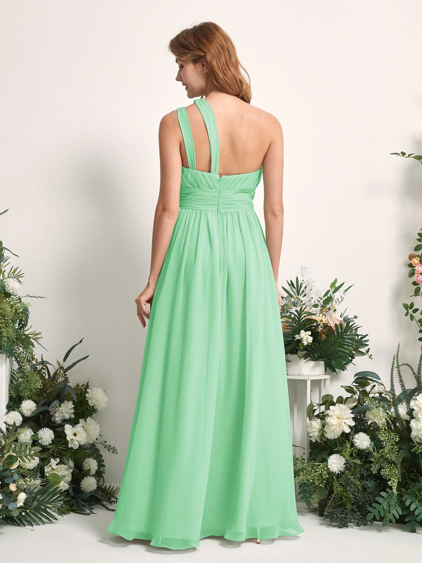 Carlyna Vestido Línea A Hasta el suelo Un Hombre Gasa Dama de honor Verde Menta #color_verde-menta