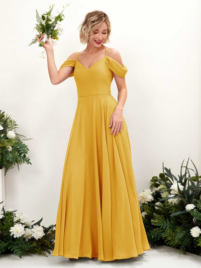 Carlyna Vestido Línea A Hombros caídos Hasta el suelo Gasa dama de honor Amarillo Mostaza #color_amarillo-mostaza