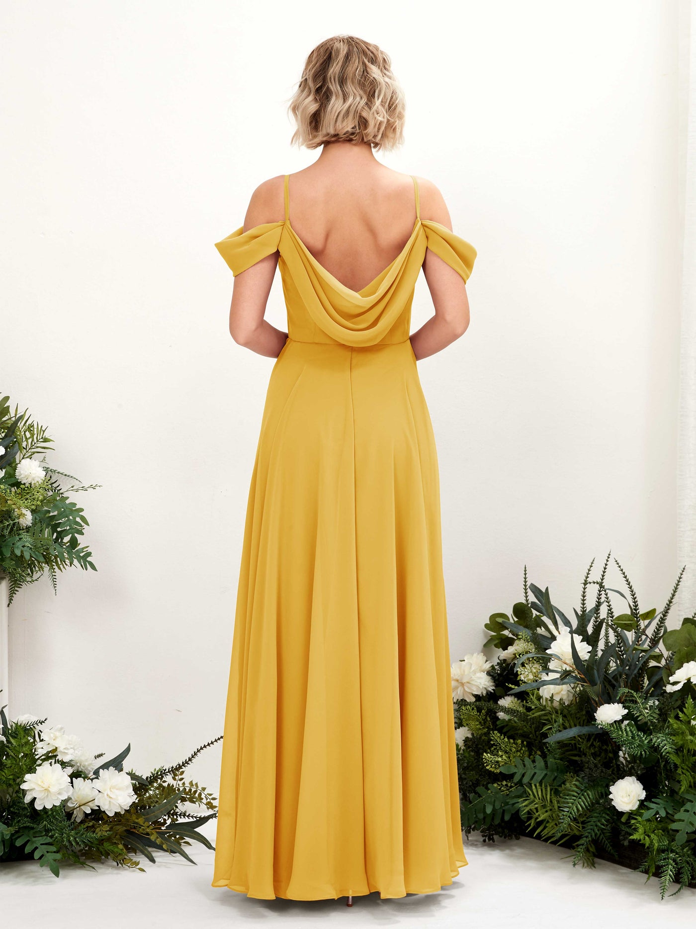 Carlyna Vestido Línea A Hombros caídos Hasta el suelo Gasa dama de honor Amarillo Mostaza #color_amarillo-mostaza