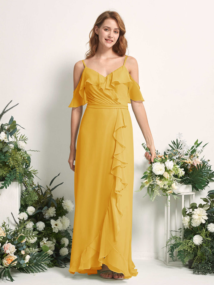 Carlyna Vestido Línea A Hombros Caídos Hasta el suelo Gasa Dama de honor Amarillo Mostaza 