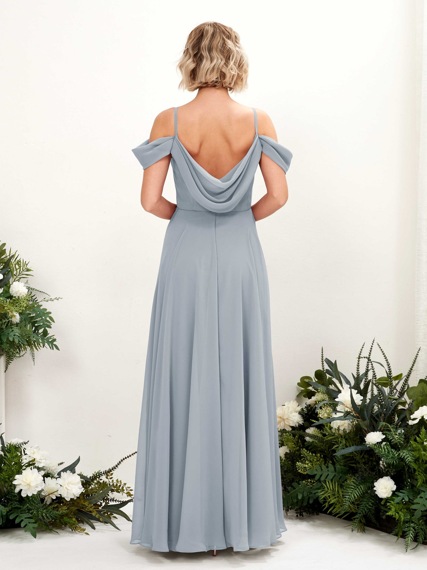 Carlyna Vestido Línea A Hombros caídos Hasta el suelo Gasa dama de honor Azul Empolvado Mejorado #color_azul-empolvado-mejorado