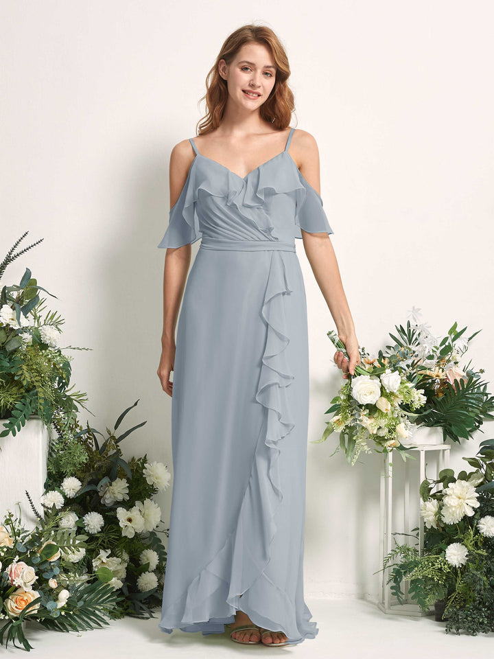 Carlyna Vestido Línea A Hombros Caídos Hasta el suelo Gasa Dama de honor Azul Empolvado Mejorado 