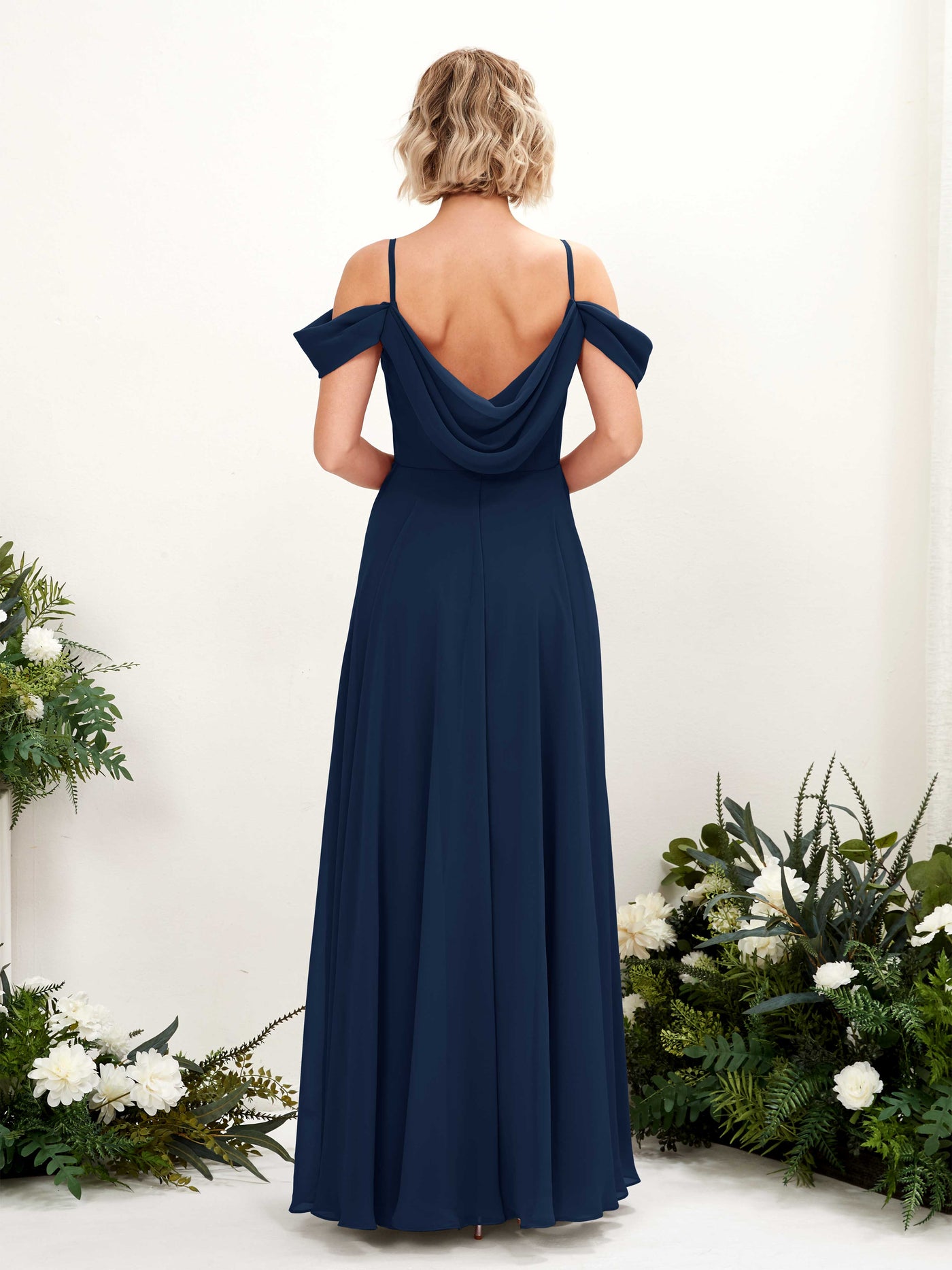 Carlyna Vestido Línea A Hombros caídos Hasta el suelo Gasa dama de honor Azul Marino #color_azul-marino