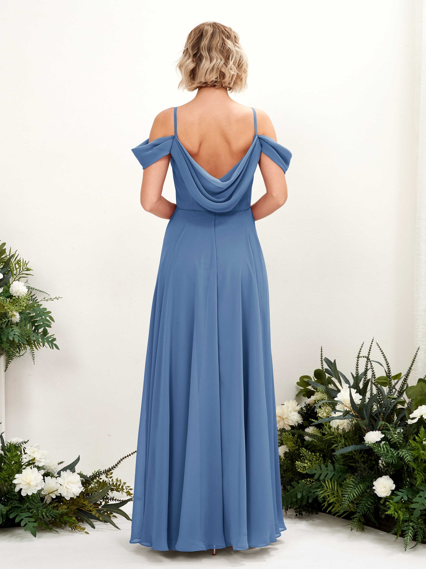 Carlyna Vestido Línea A Hombros caídos Hasta el suelo Gasa dama de honor Azul polvoriento #color_azul-polvoriento
