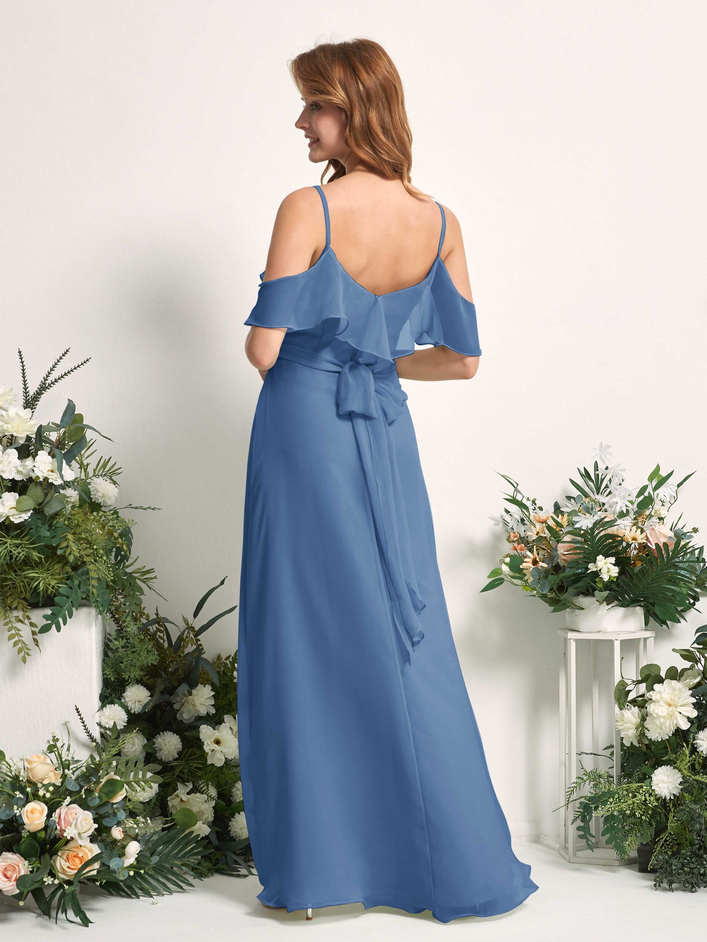 Carlyna Vestido Línea A Hombros Caídos Hasta el suelo Gasa Dama de honor Azul polvoriento #color_azul-polvoriento