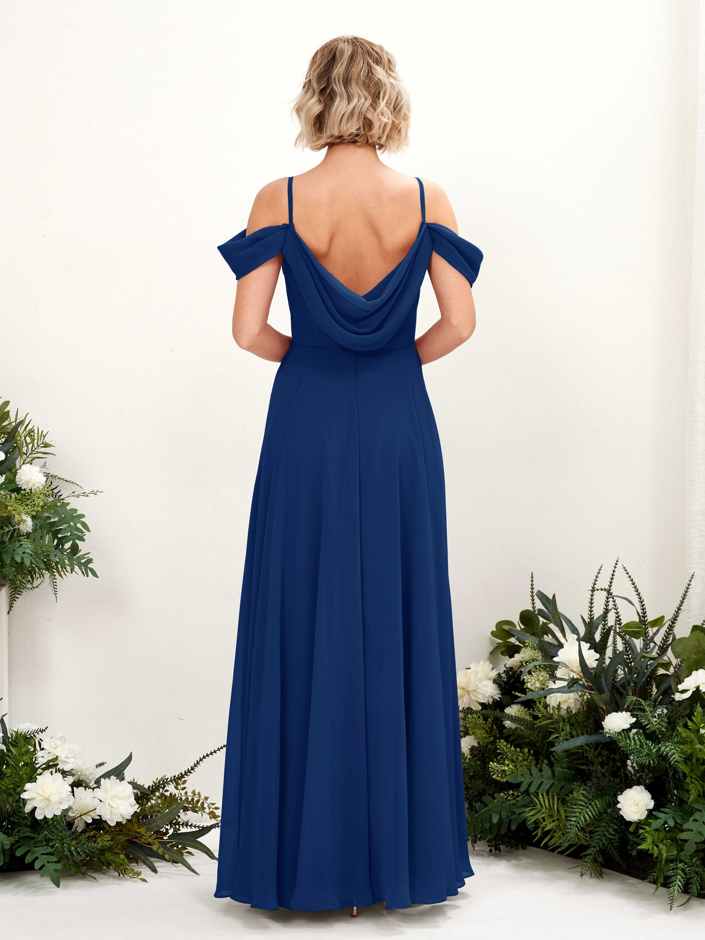 Carlyna Vestido Línea A Hombros caídos Hasta el suelo Gasa dama de honor Azul Real #color_azul-real
