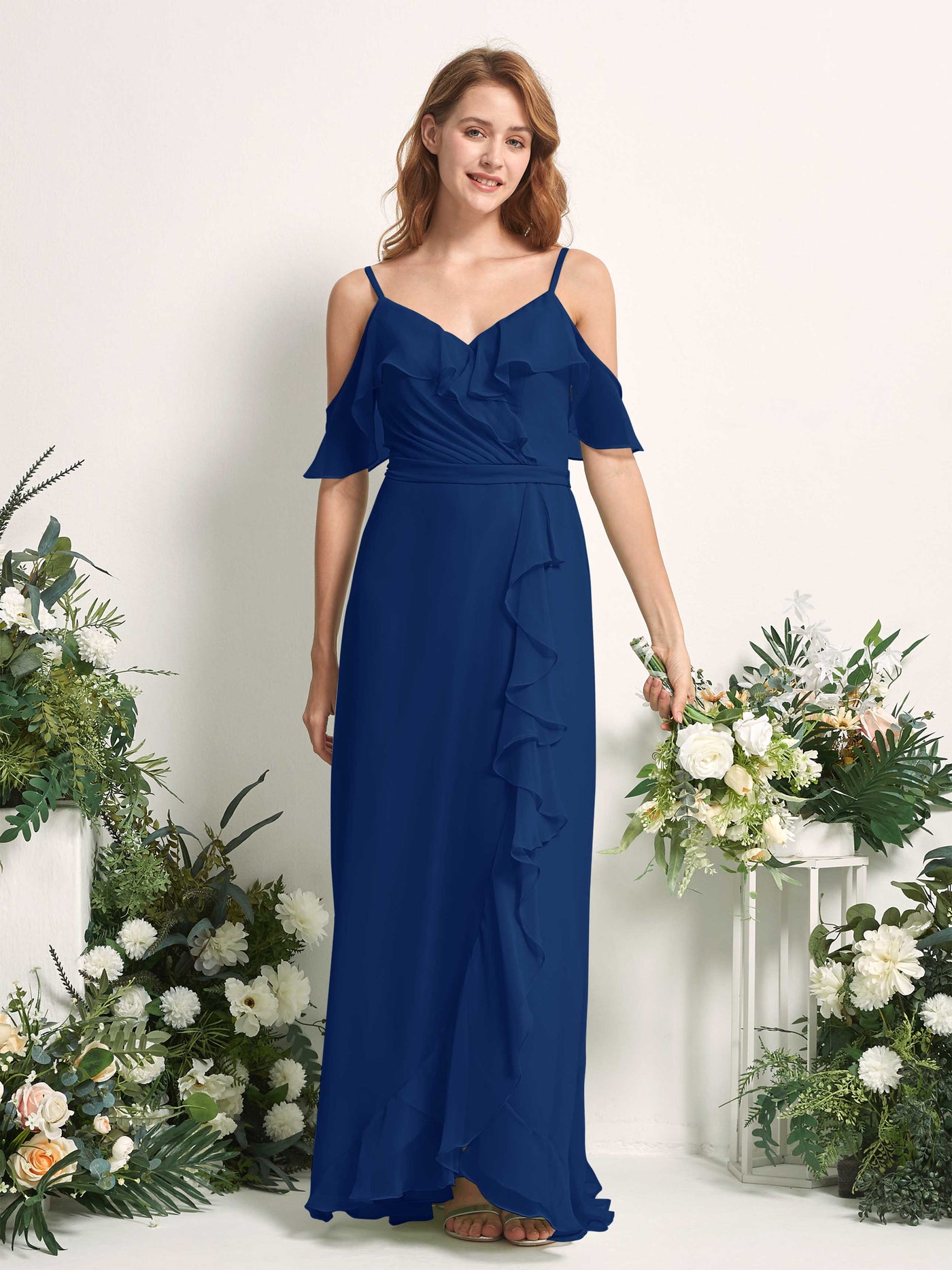 Carlyna Vestido Línea A Hombros Caídos Hasta el suelo Gasa Dama de honor Azul Real #color_azul-real