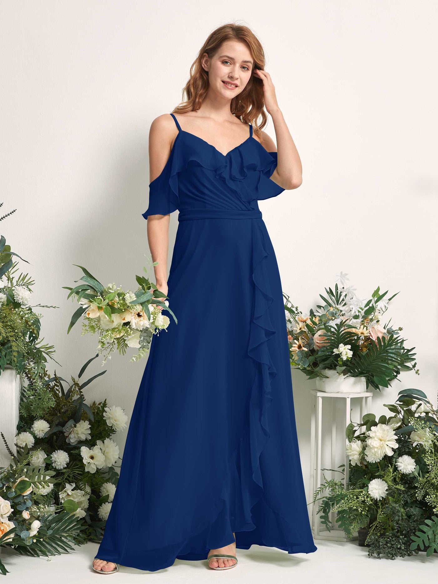 Carlyna Vestido Línea A Hombros Caídos Hasta el suelo Gasa Dama de honor Azul Real #color_azul-real