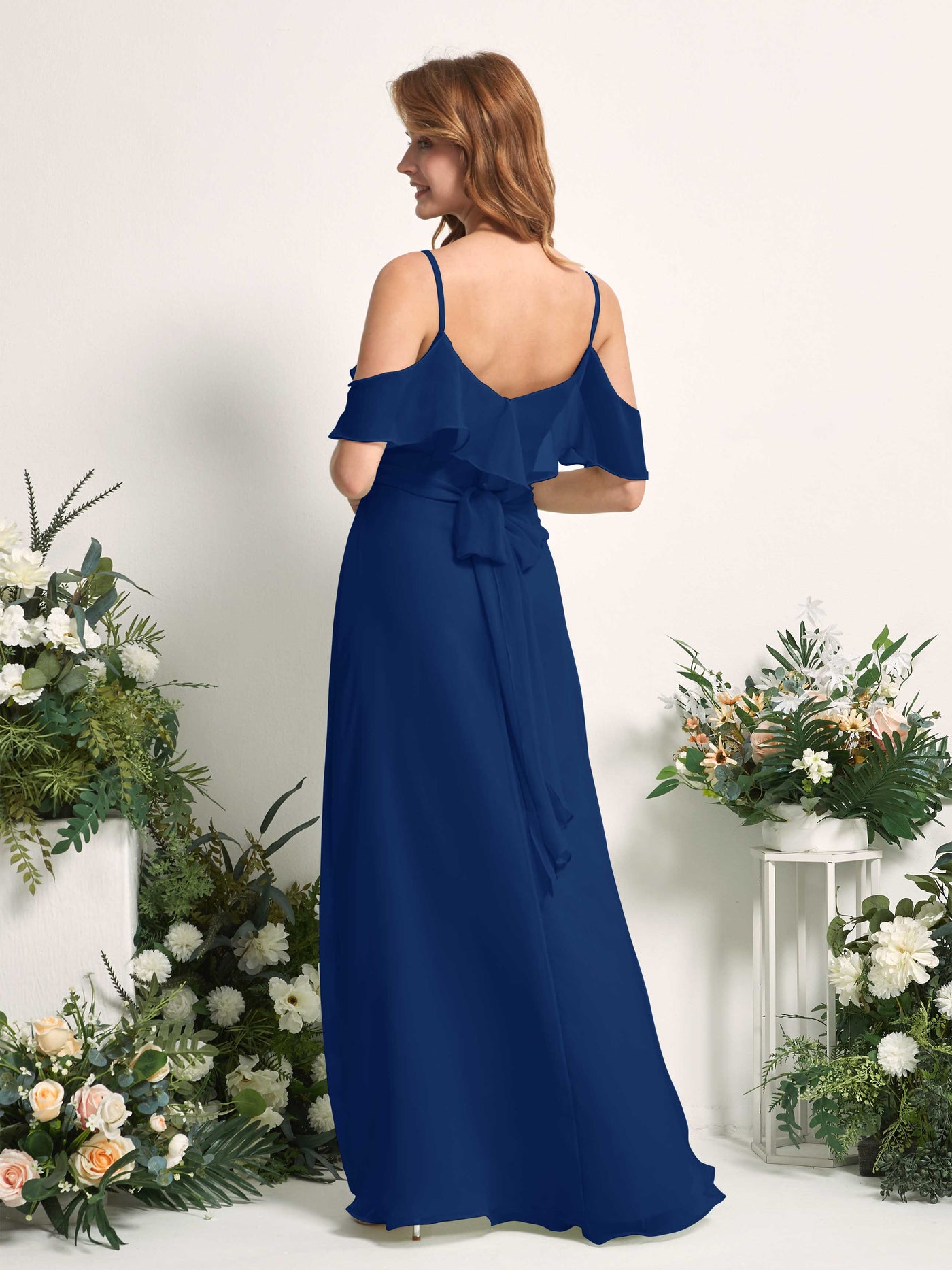 Carlyna Vestido Línea A Hombros Caídos Hasta el suelo Gasa Dama de honor Azul Real #color_azul-real