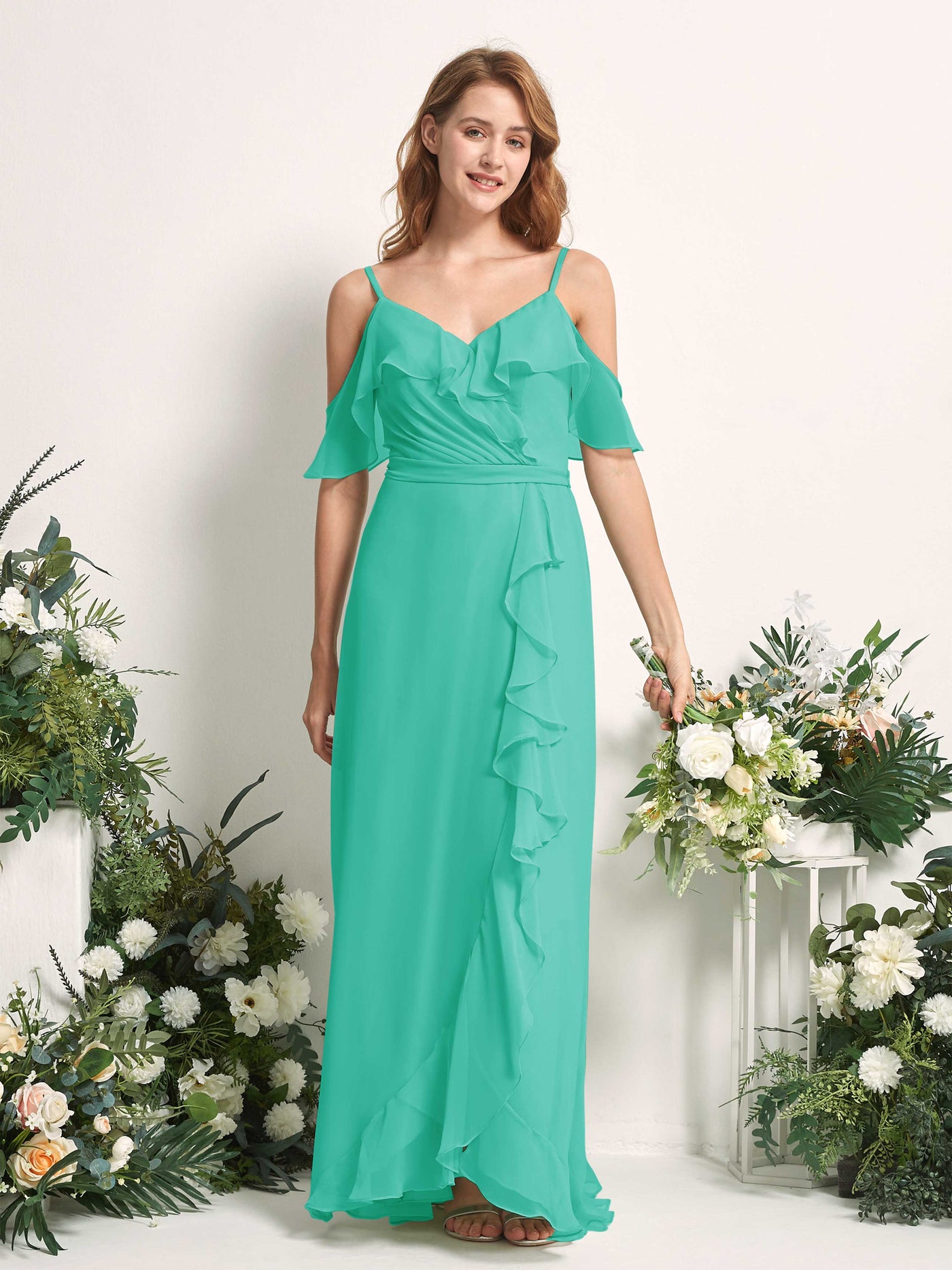 Carlyna Vestido Línea A Hombros Caídos Hasta el suelo Gasa Dama de honor Azul Tiffany #color_azul-tiffany