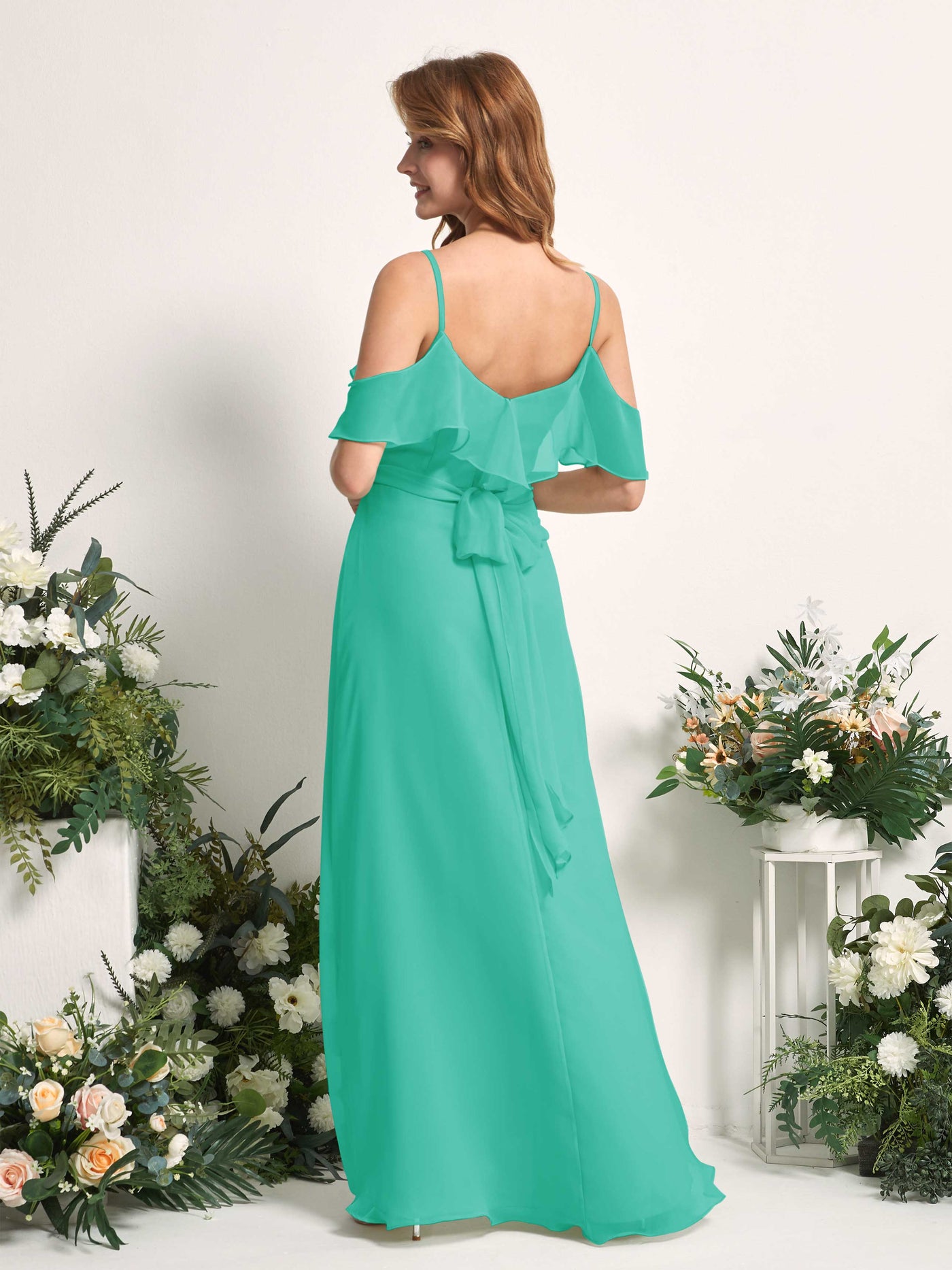 Carlyna Vestido Línea A Hombros Caídos Hasta el suelo Gasa Dama de honor Azul Tiffany #color_azul-tiffany