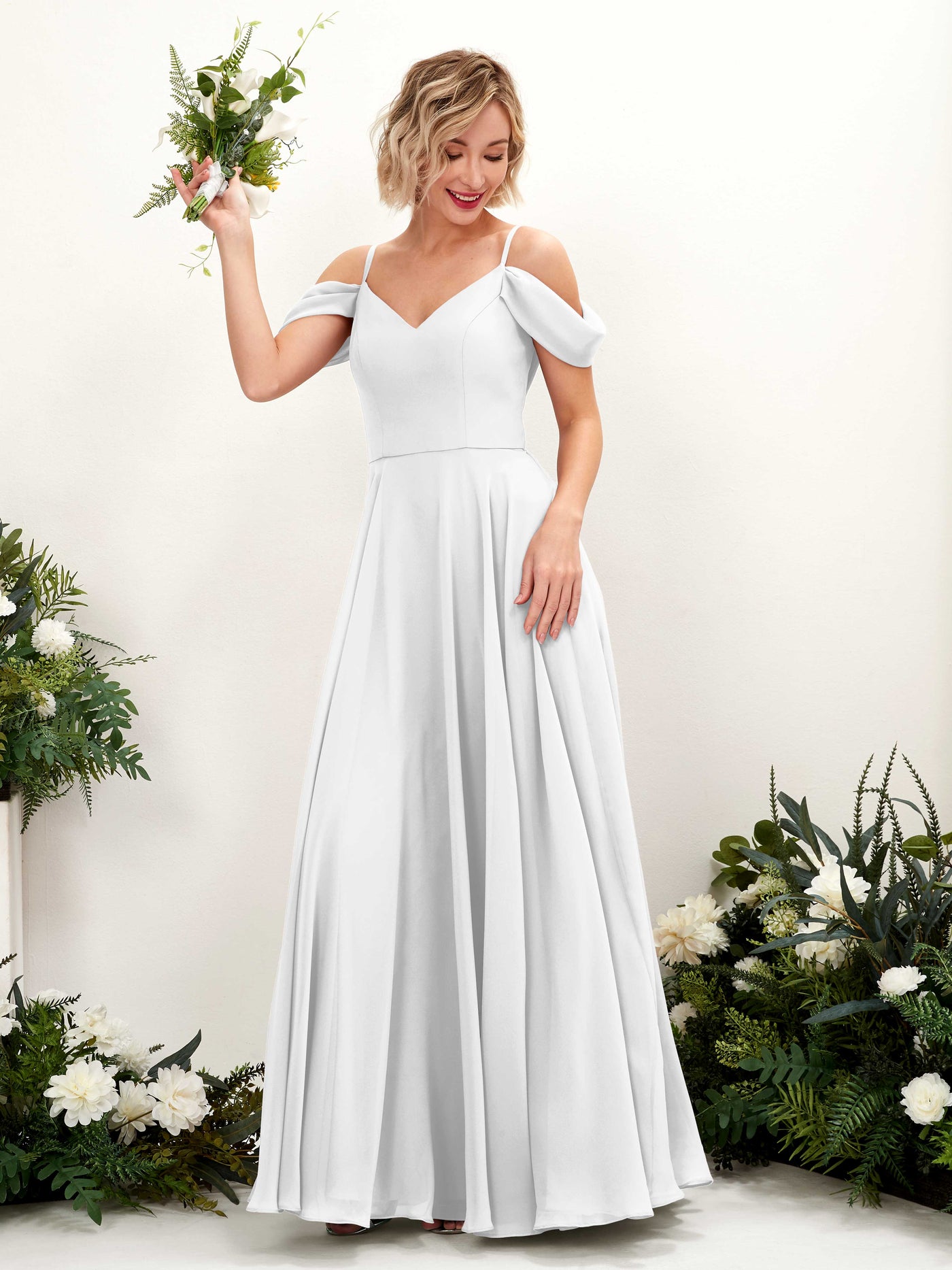 Carlyna Vestido Línea A Hombros caídos Hasta el suelo Gasa dama de honor Blanco #color_blanco