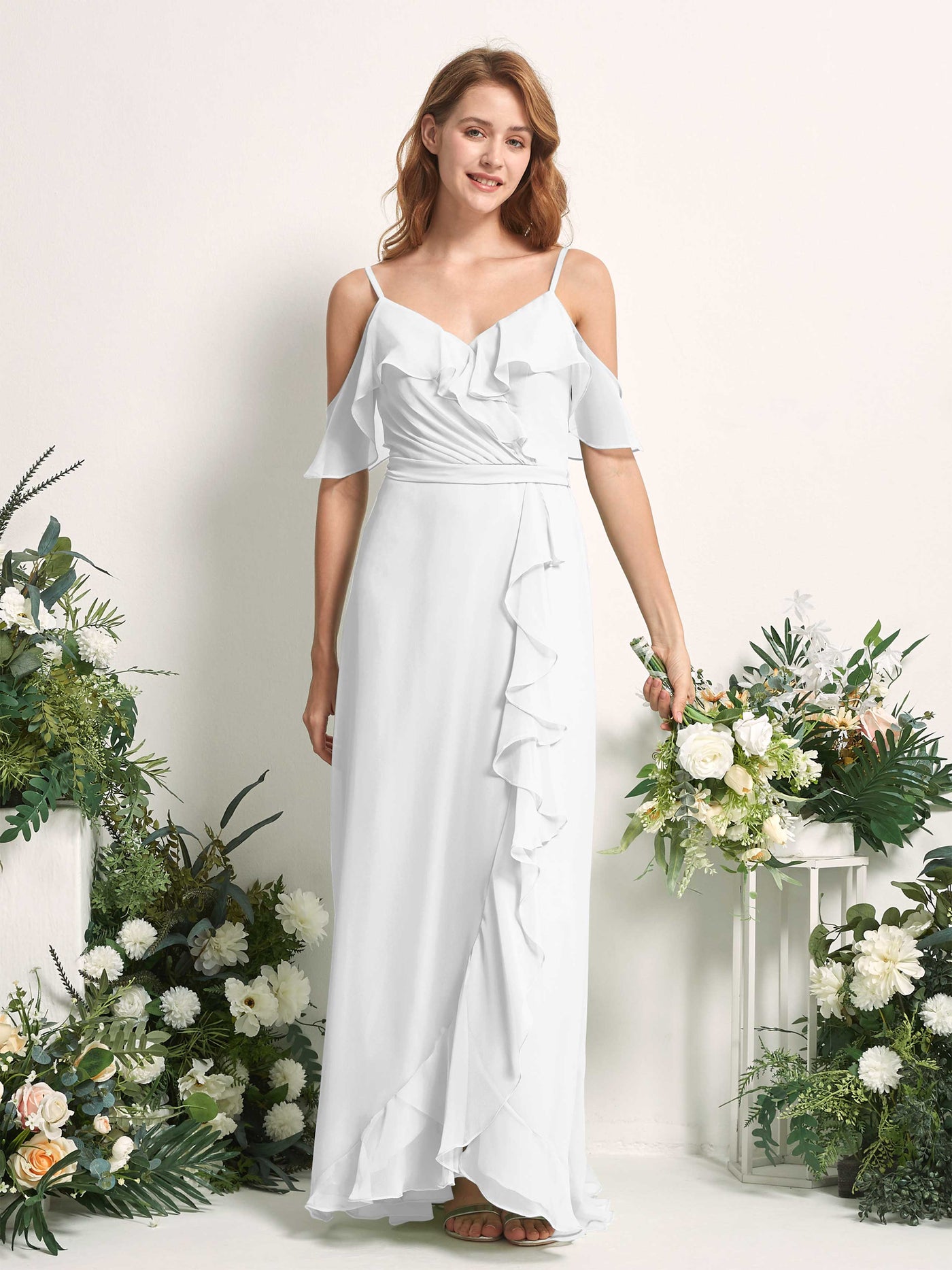 Carlyna Vestido Línea A Hombros Caídos Hasta el suelo Gasa Dama de honor Blanco #color_blanco