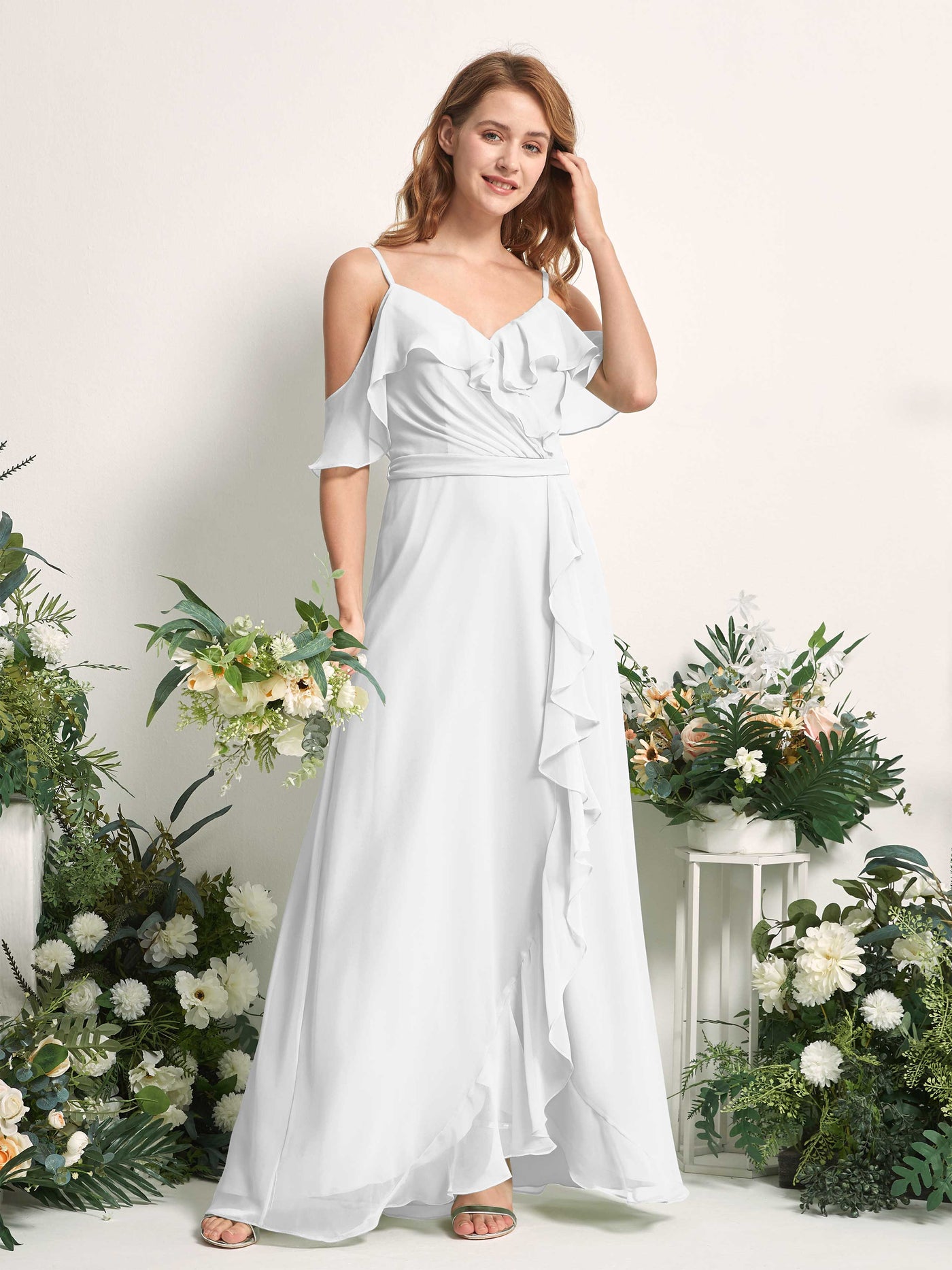 Carlyna Vestido Línea A Hombros Caídos Hasta el suelo Gasa Dama de honor Blanco #color_blanco