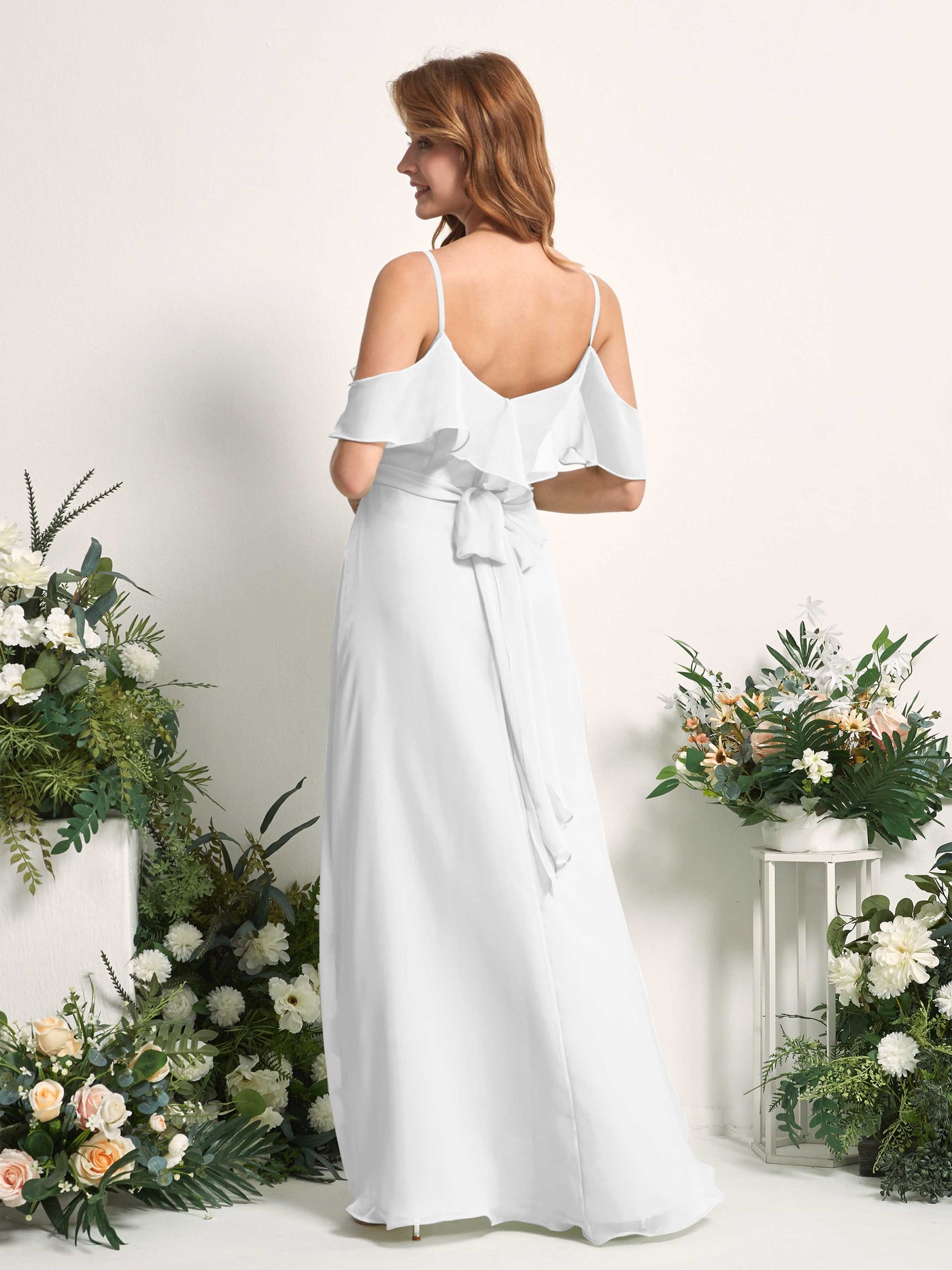 Carlyna Vestido Línea A Hombros Caídos Hasta el suelo Gasa Dama de honor Blanco #color_blanco
