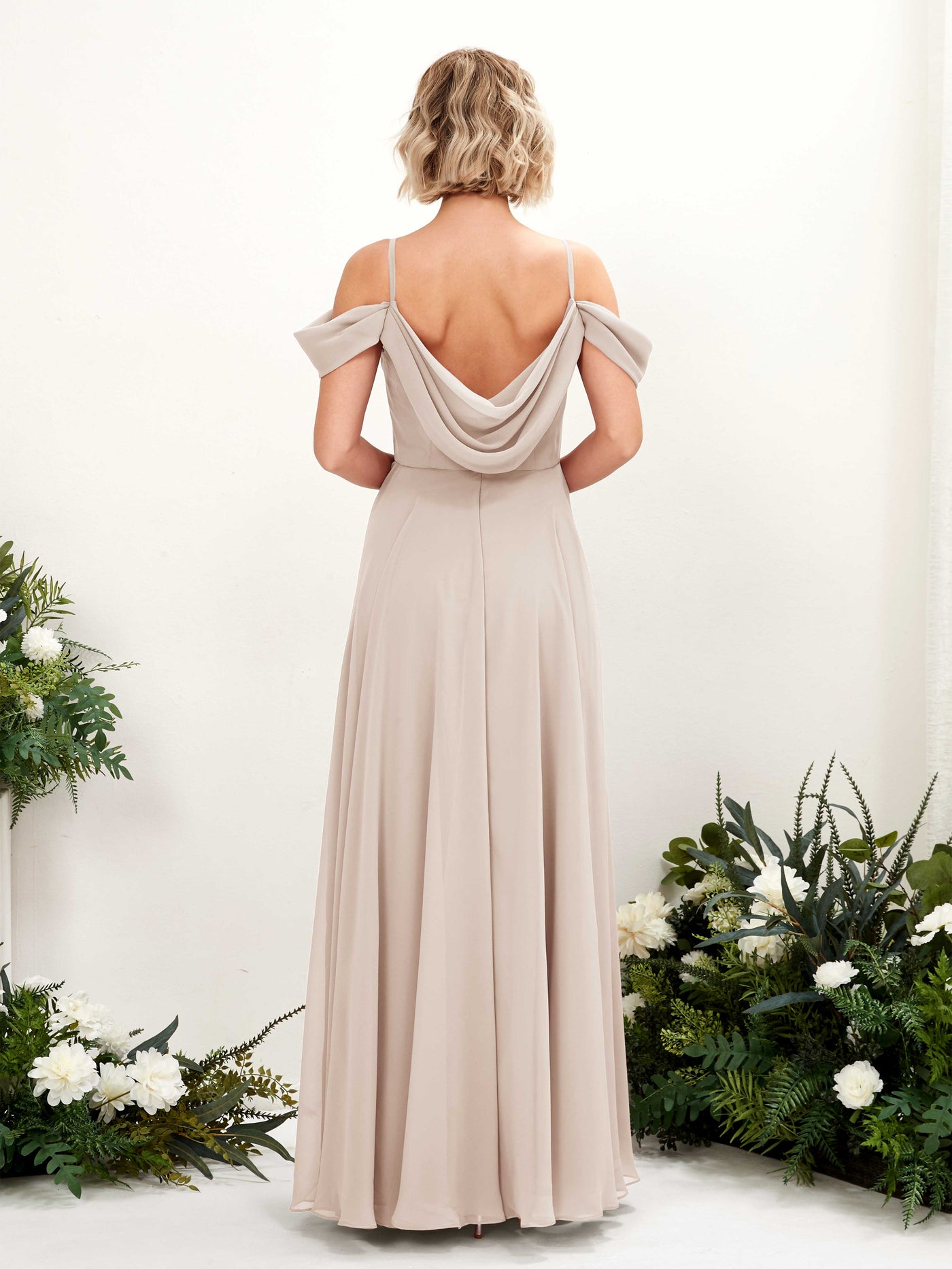 Carlyna Vestido Línea A Hombros caídos Hasta el suelo Gasa dama de honor Champán #color_champ-n