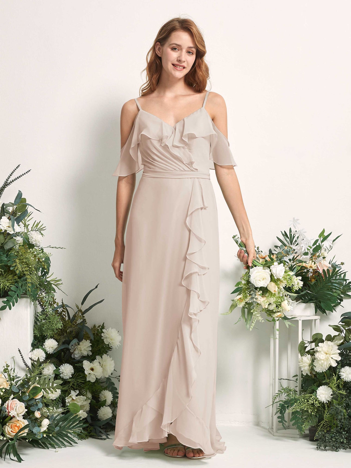 Carlyna Vestido Línea A Hombros Caídos Hasta el suelo Gasa Dama de honor Champán #color_champ-n