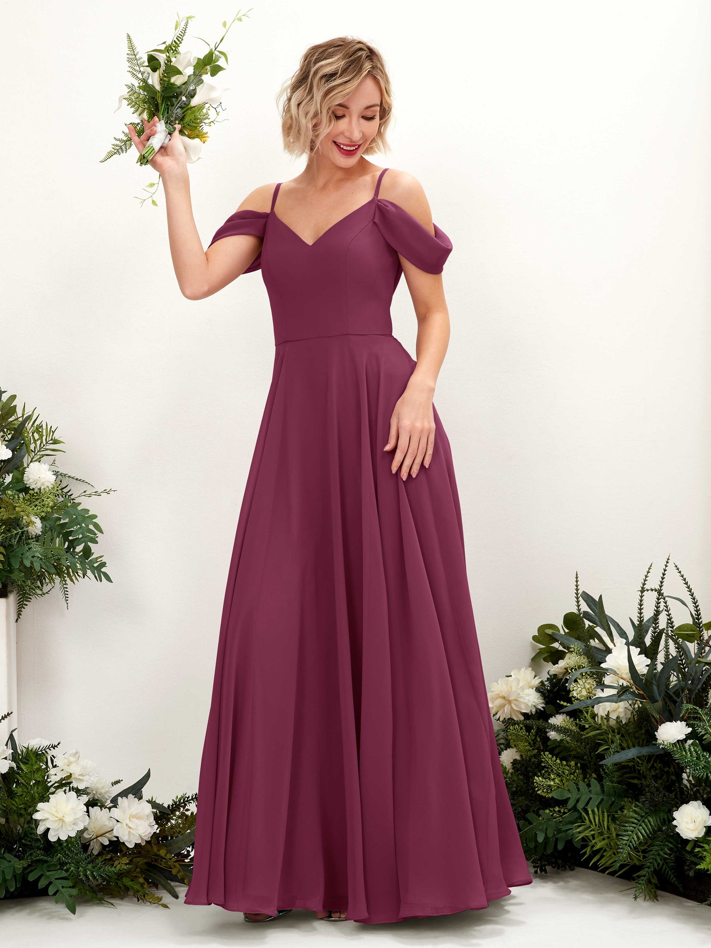 Carlyna Vestido Línea A Hombros caídos Hasta el suelo Gasa dama de honor Chianti #color_chianti
