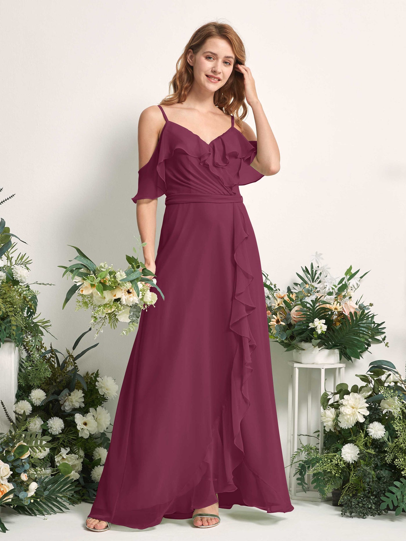 Carlyna Vestido Línea A Hombros Caídos Hasta el suelo Gasa Dama de honor Chianti #color_chianti