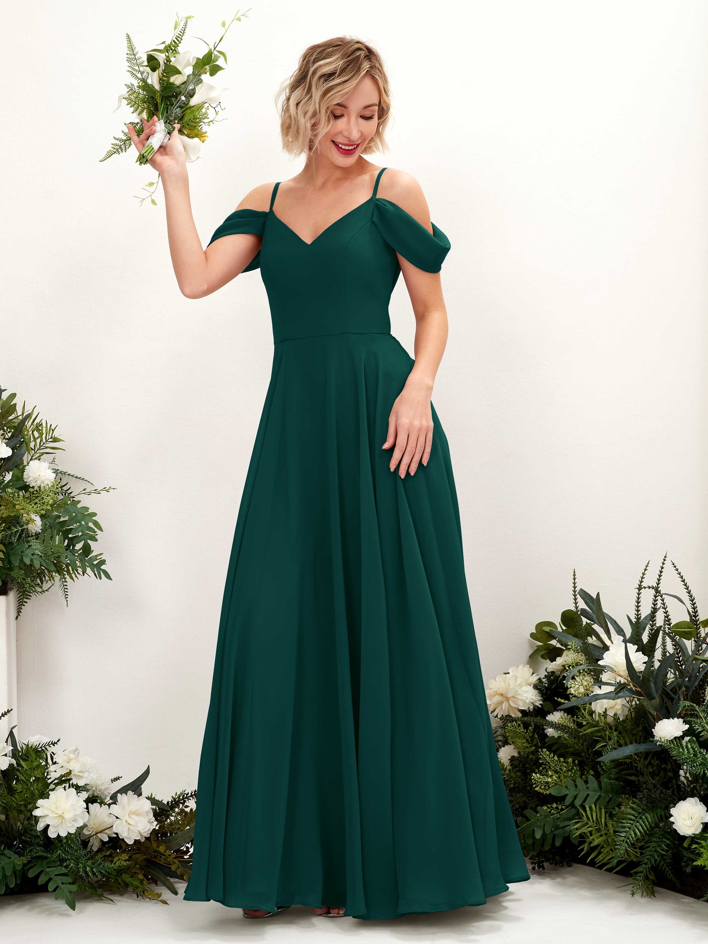 Carlyna Vestido Línea A Hombros caídos Hasta el suelo Gasa dama de honor Esmeralda Oscuro #color_esmeralda-oscuro