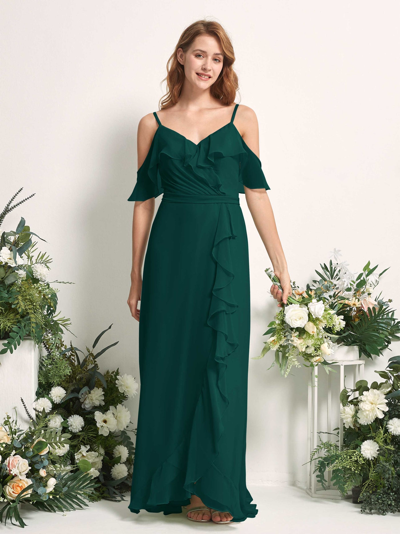 Carlyna Vestido Línea A Hombros Caídos Hasta el suelo Gasa Dama de honor Esmeralda Oscuro #color_esmeralda-oscuro