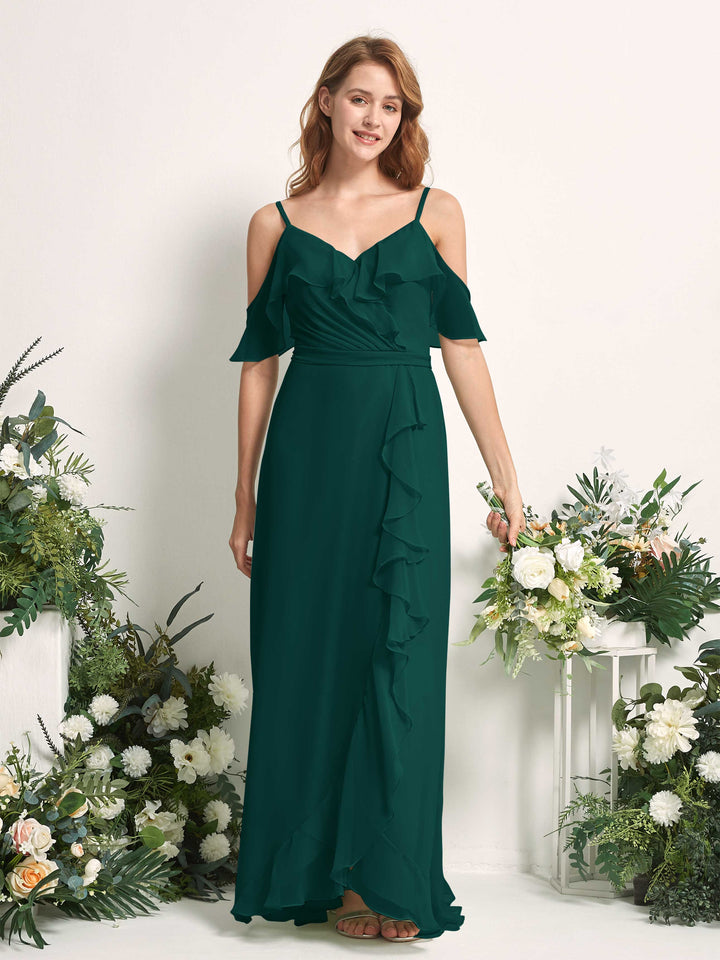 Carlyna Vestido Línea A Hombros Caídos Hasta el suelo Gasa Dama de honor Esmeralda Oscuro 