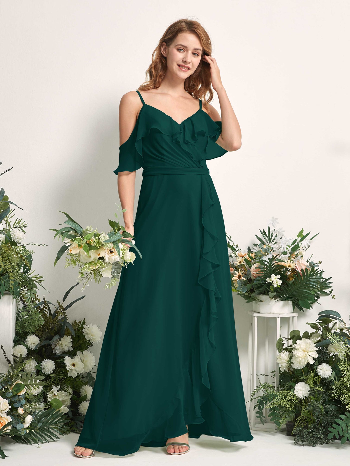 Carlyna Vestido Línea A Hombros Caídos Hasta el suelo Gasa Dama de honor Esmeralda Oscuro #color_esmeralda-oscuro