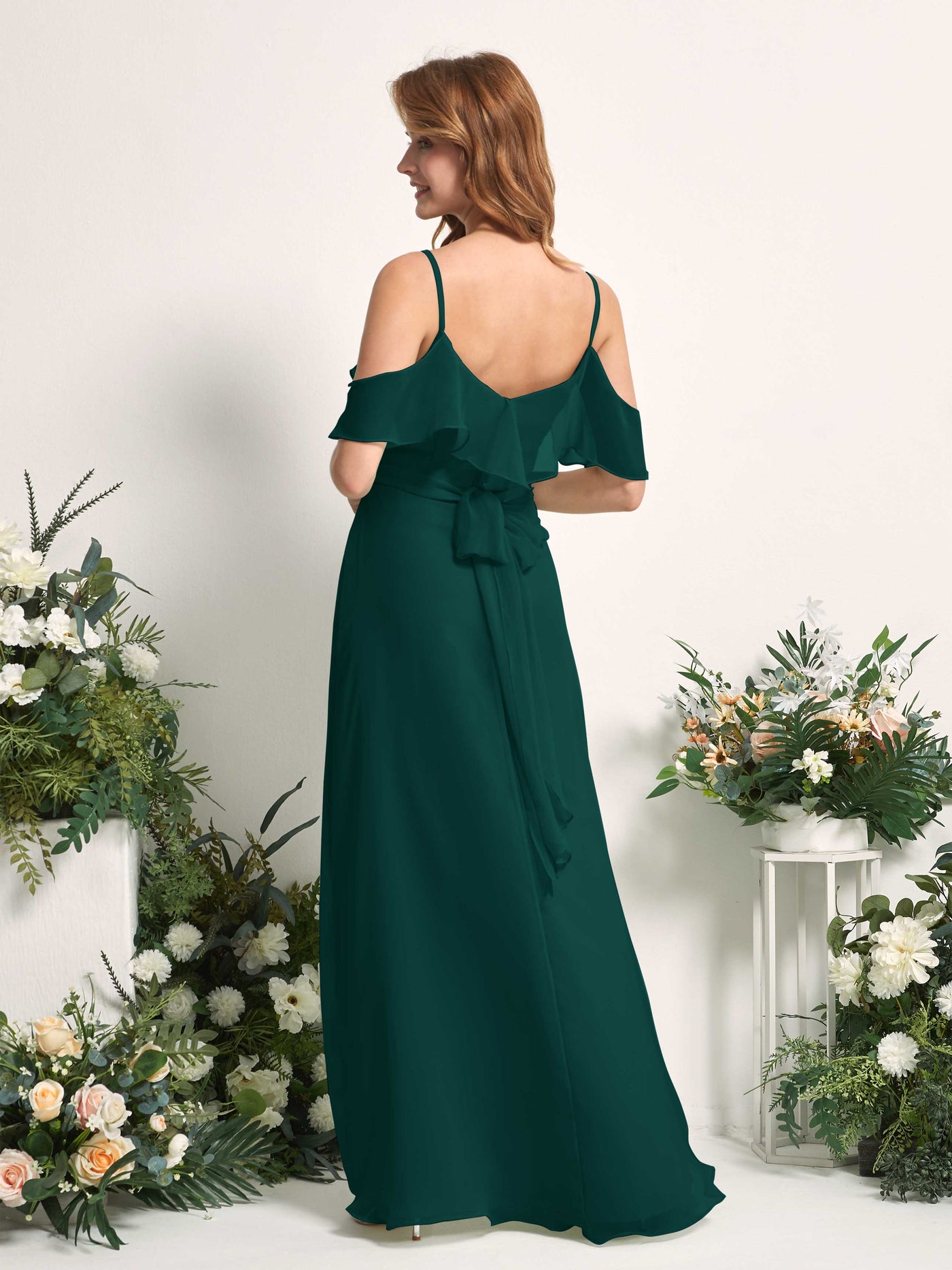 Carlyna Vestido Línea A Hombros Caídos Hasta el suelo Gasa Dama de honor Esmeralda Oscuro #color_esmeralda-oscuro