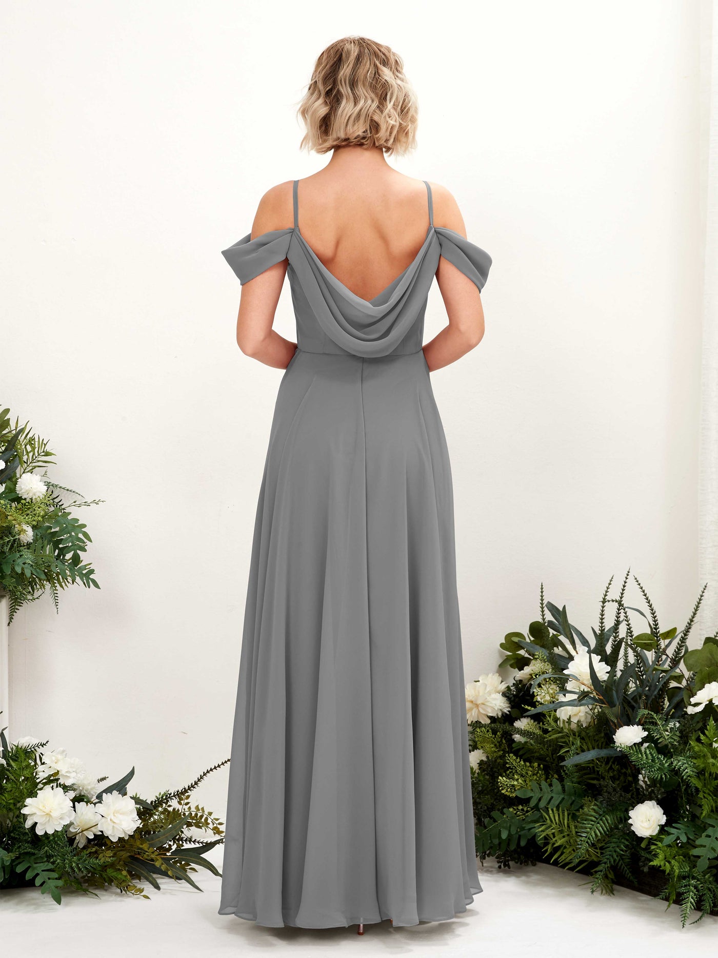 Carlyna Vestido Línea A Hombros caídos Hasta el suelo Gasa dama de honor Gris Acero #color_gris-acero