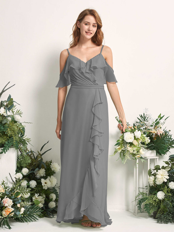Carlyna Vestido Línea A Hombros Caídos Hasta el suelo Gasa Dama de honor Gris Acero 