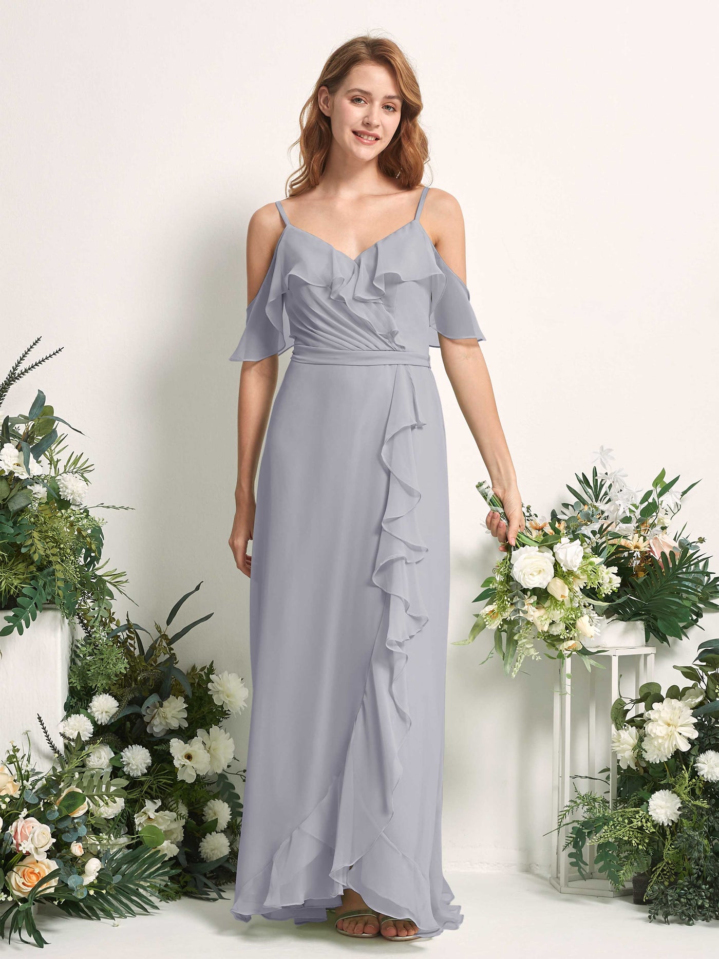 Carlyna Vestido Línea A Hombros Caídos Hasta el suelo Gasa Dama de honor Lavanda Viejo #color_lavanda-viejo