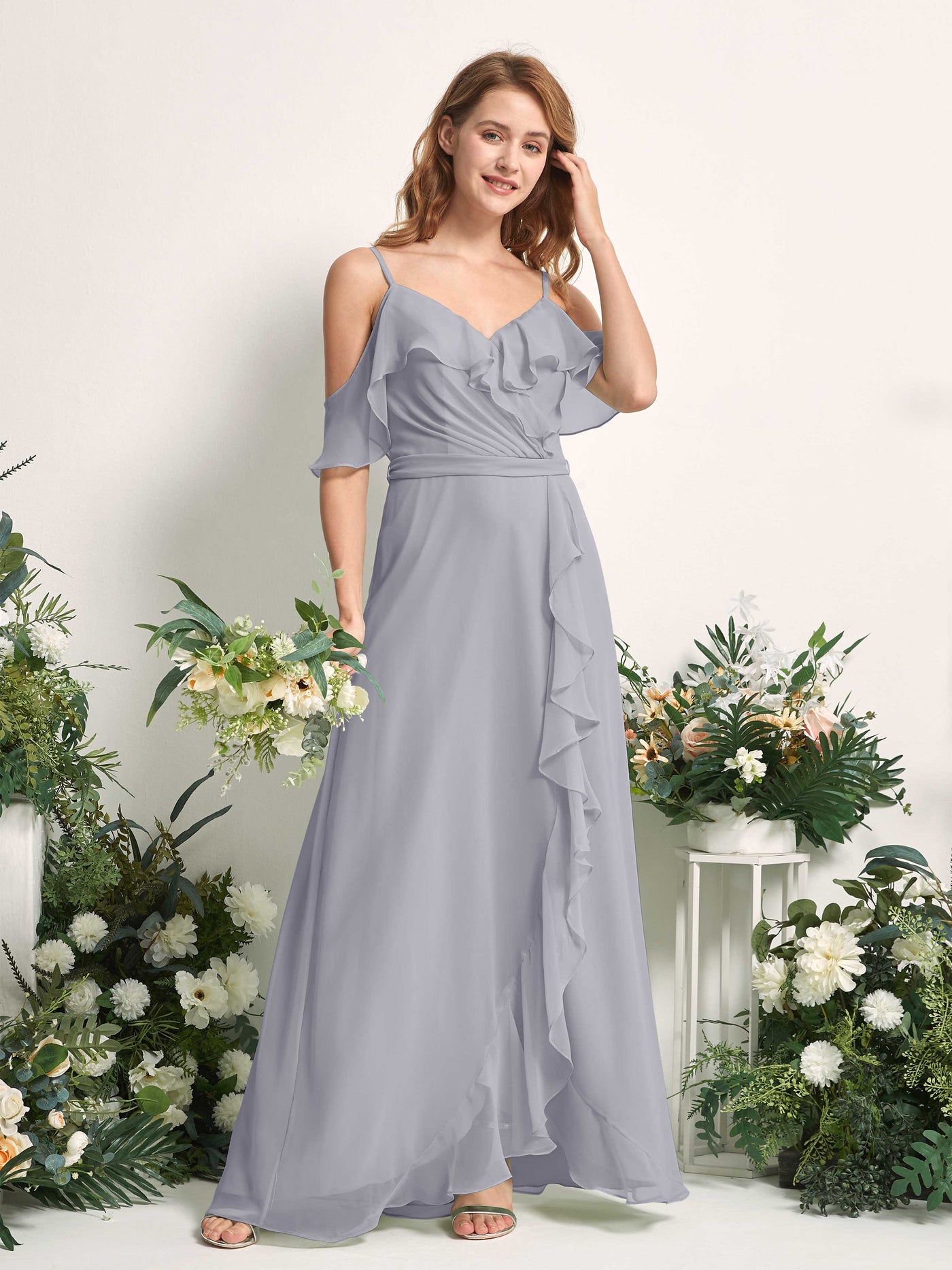 Carlyna Vestido Línea A Hombros Caídos Hasta el suelo Gasa Dama de honor Lavanda Viejo #color_lavanda-viejo