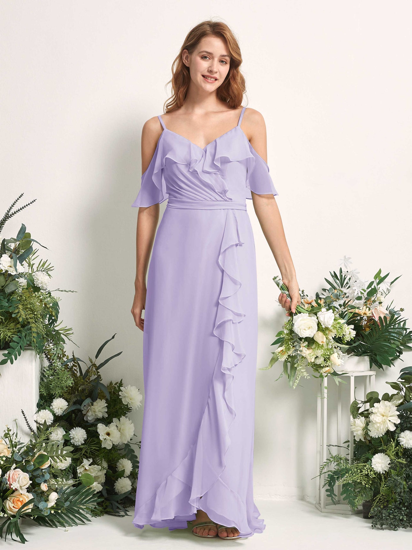 Carlyna Vestido Línea A Hombros Caídos Hasta el suelo Gasa Dama de honor Lila #color_lila