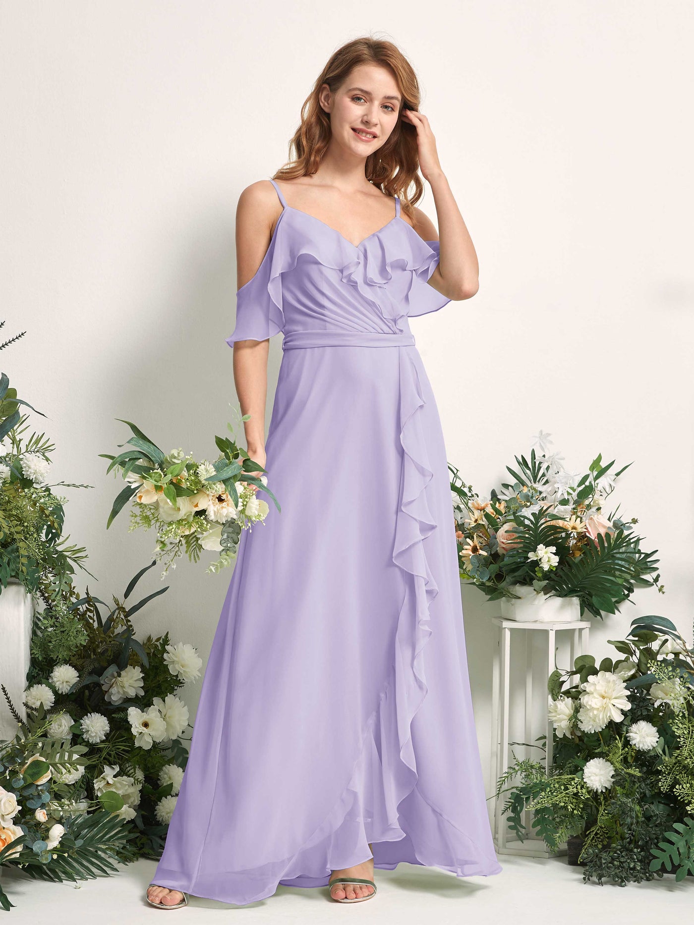 Carlyna Vestido Línea A Hombros Caídos Hasta el suelo Gasa Dama de honor Lila #color_lila