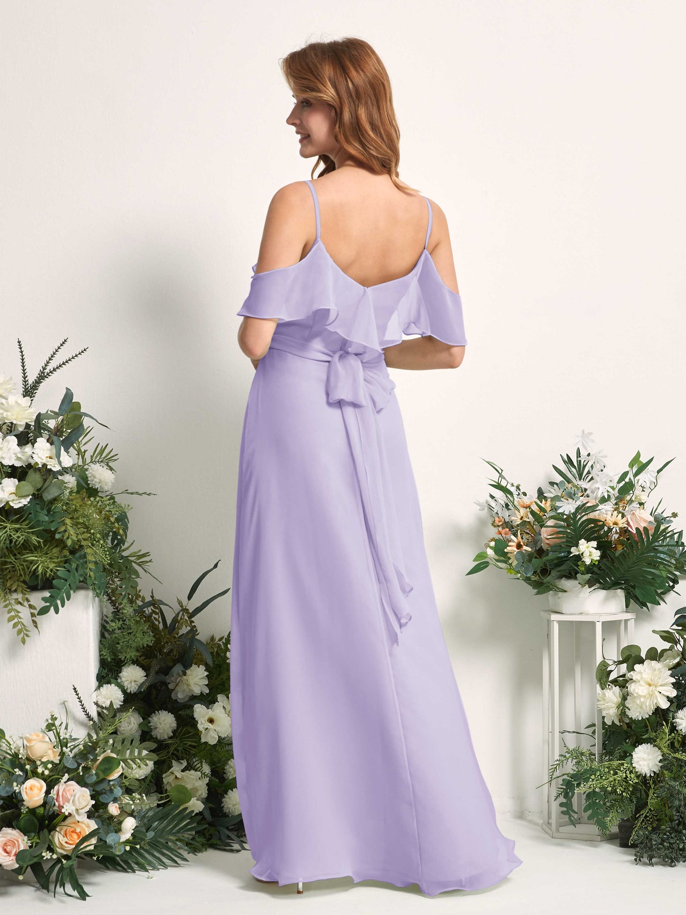 Carlyna Vestido Línea A Hombros Caídos Hasta el suelo Gasa Dama de honor Lila #color_lila