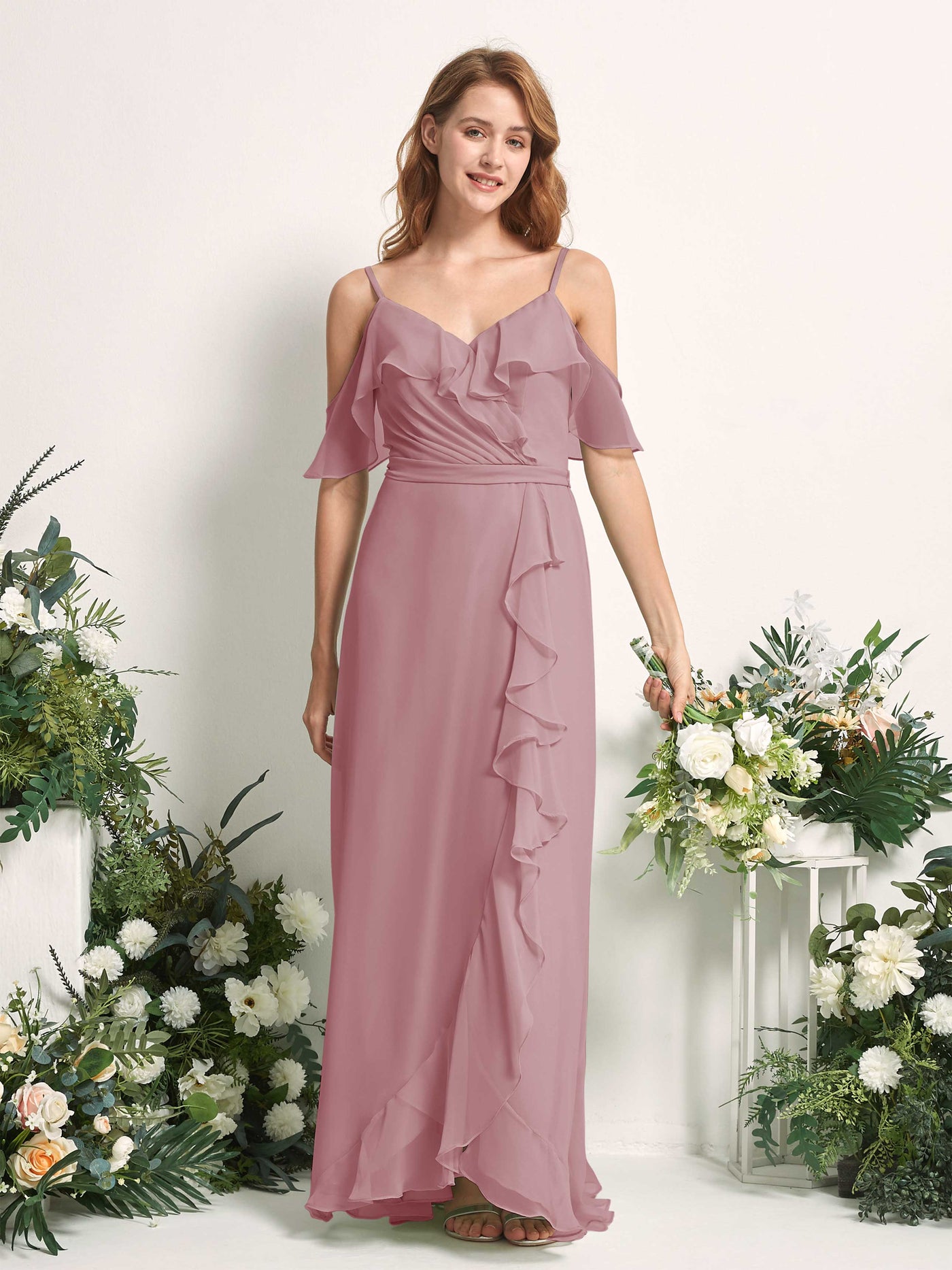 Carlyna Vestido Línea A Hombros Caídos Hasta el suelo Gasa Dama de honor Malva Clásico #color_malva-cl-sico