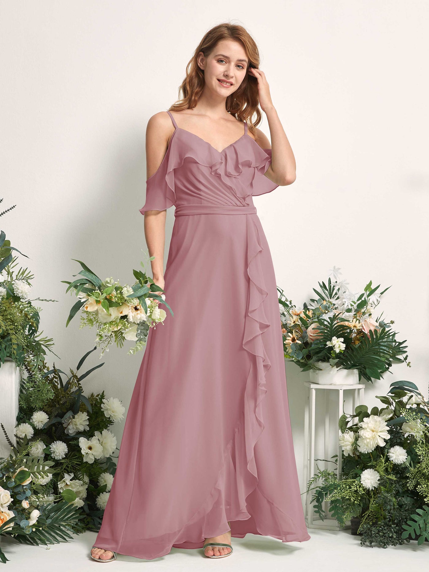 Carlyna Vestido Línea A Hombros Caídos Hasta el suelo Gasa Dama de honor Malva Clásico #color_malva-cl-sico