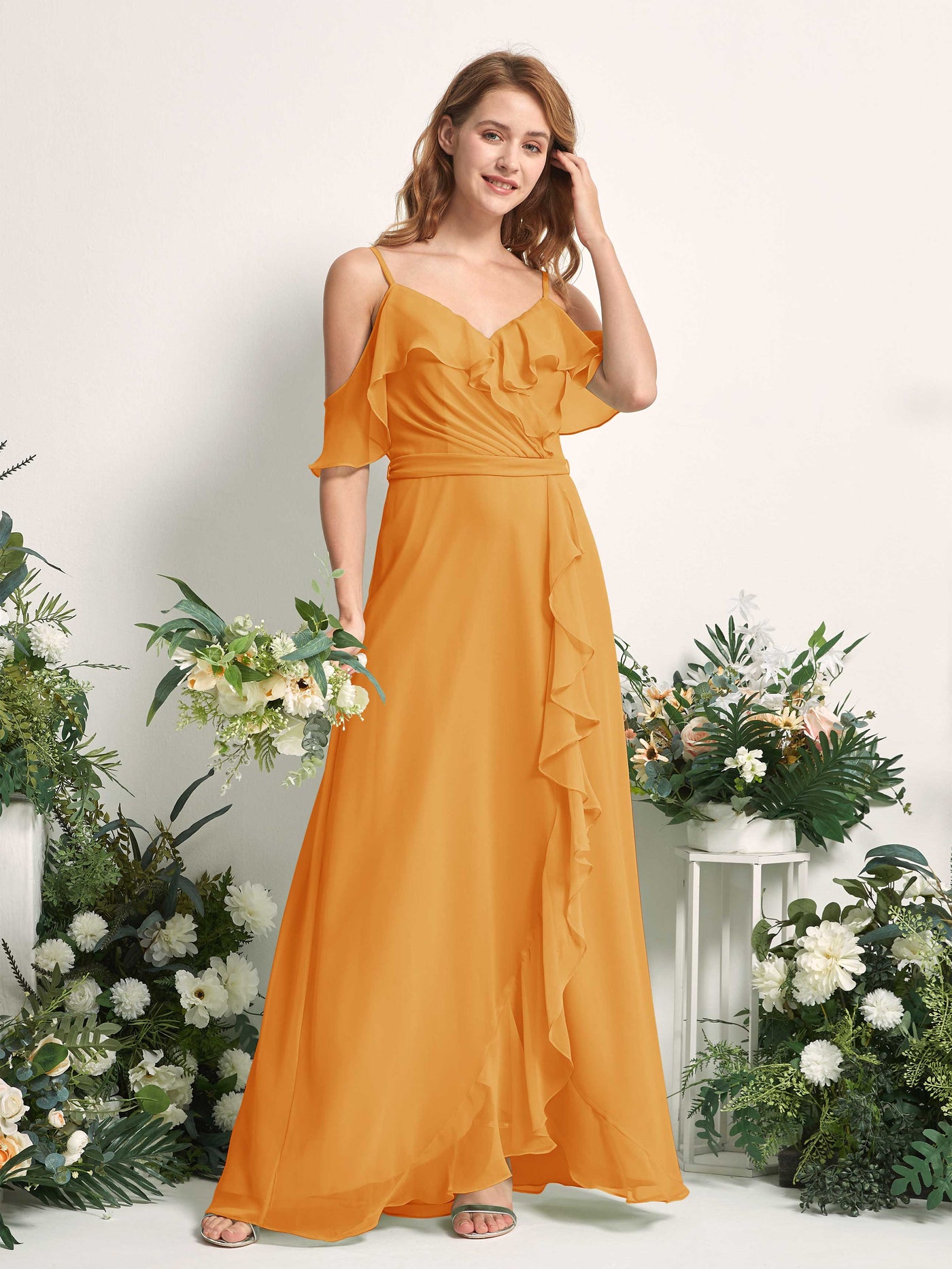 Carlyna Vestido Línea A Hombros Caídos Hasta el suelo Gasa Dama de honor Mango #color_mango